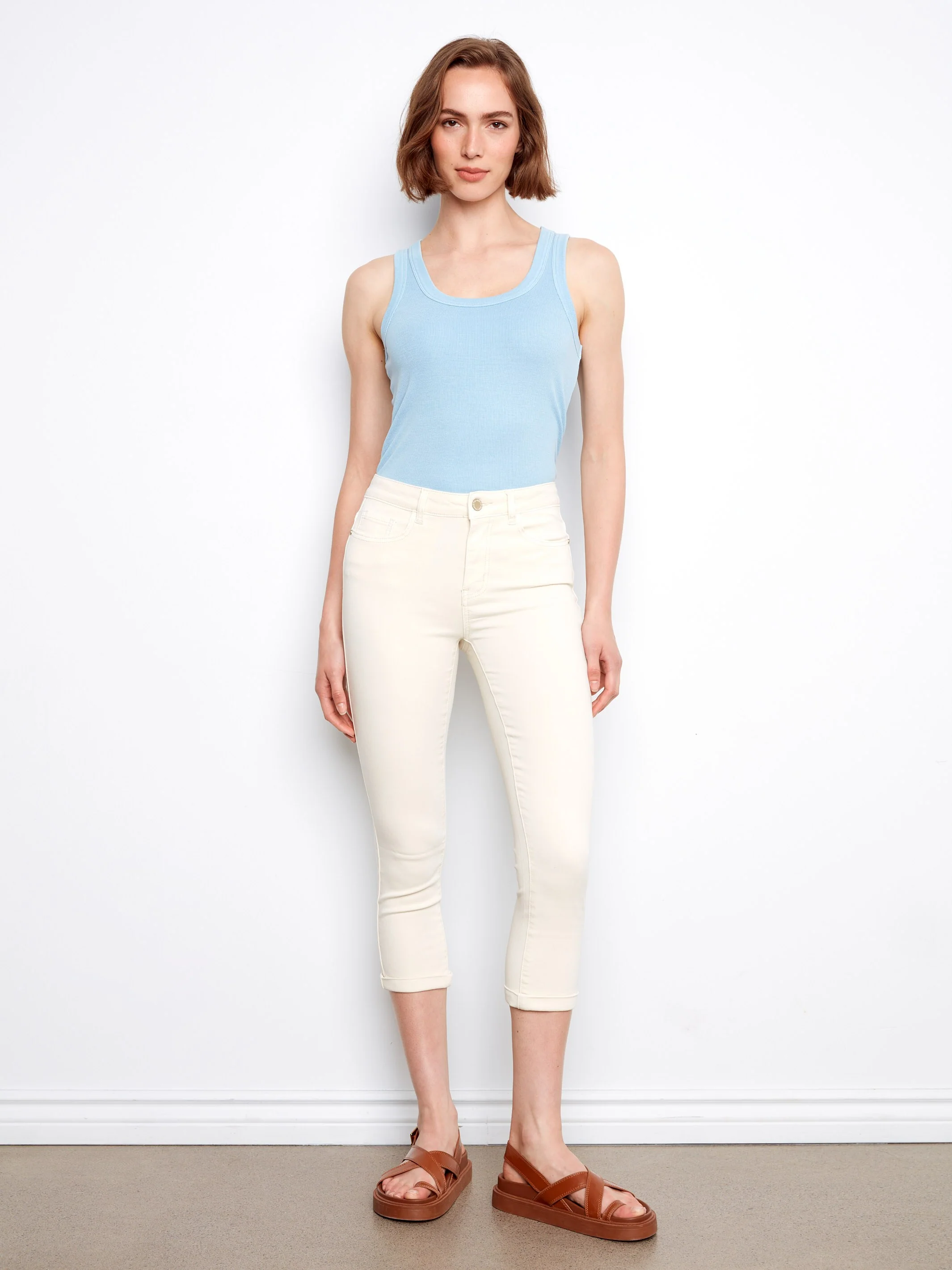 Cuffed Cropped Slim Leg Twill Pants - Natural - Image 6