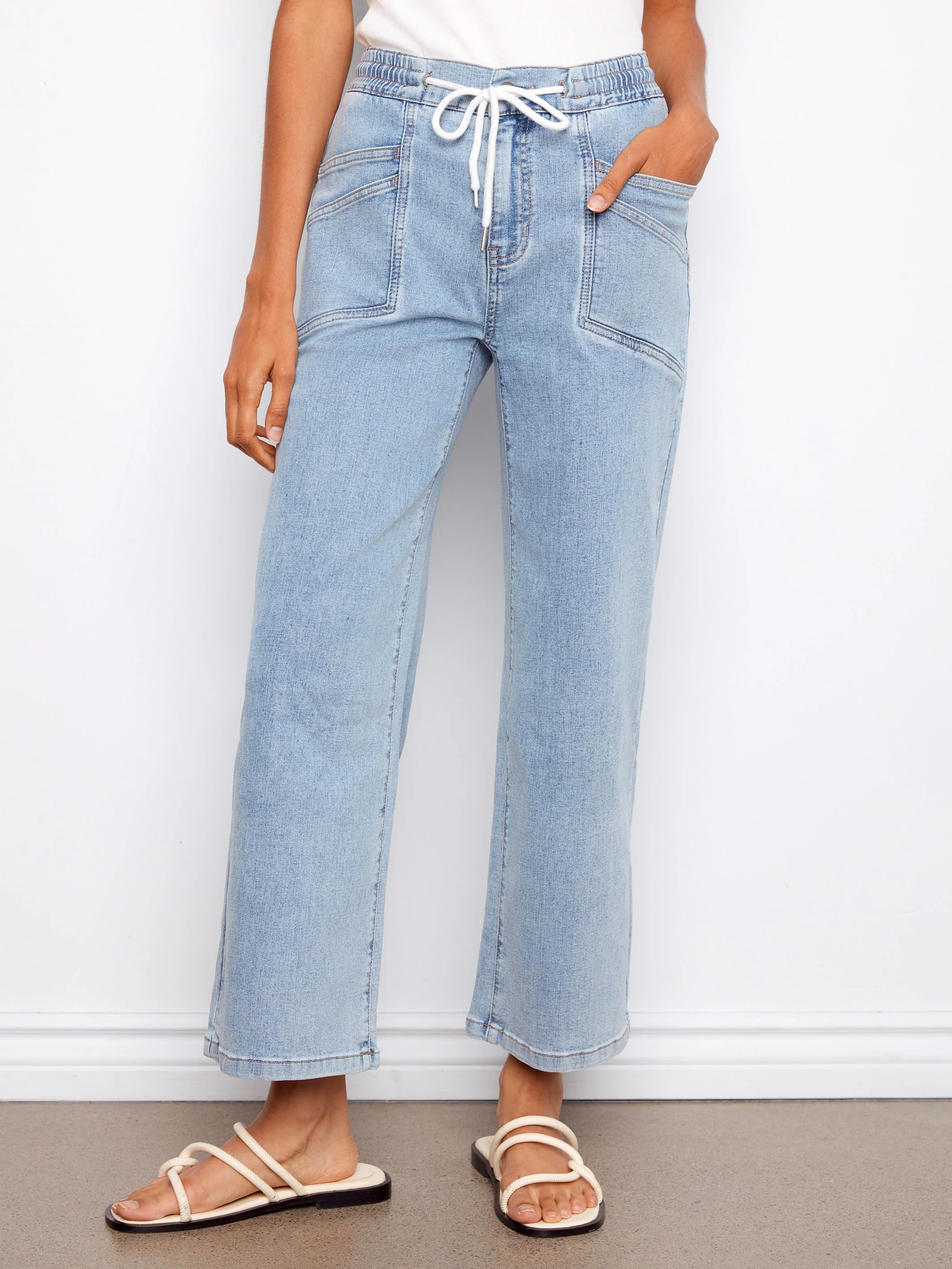 Drawstring Wide Leg Denim Pants - Soft Blue - Image 2