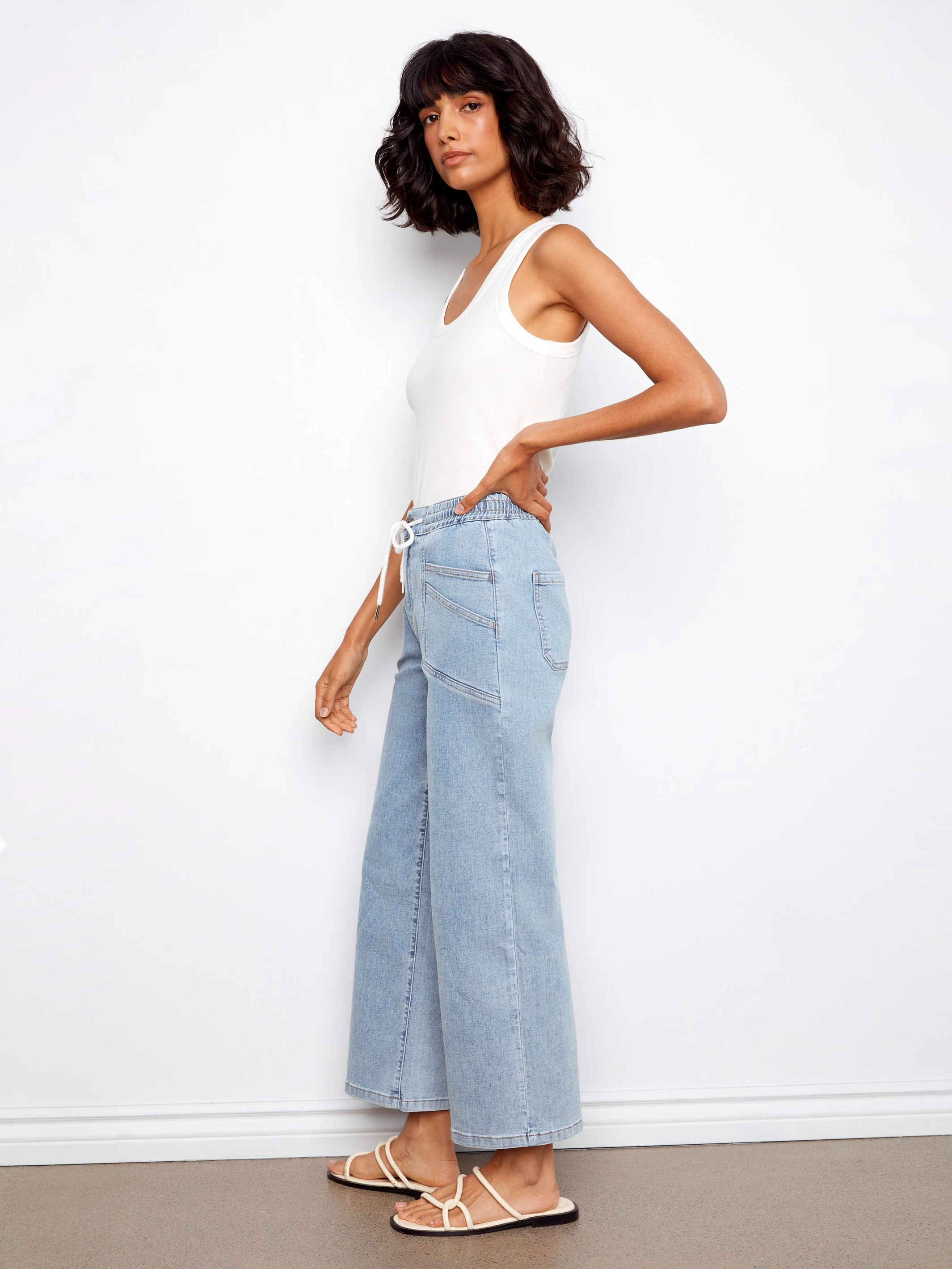 Drawstring Wide Leg Denim Pants - Soft Blue - Image 3