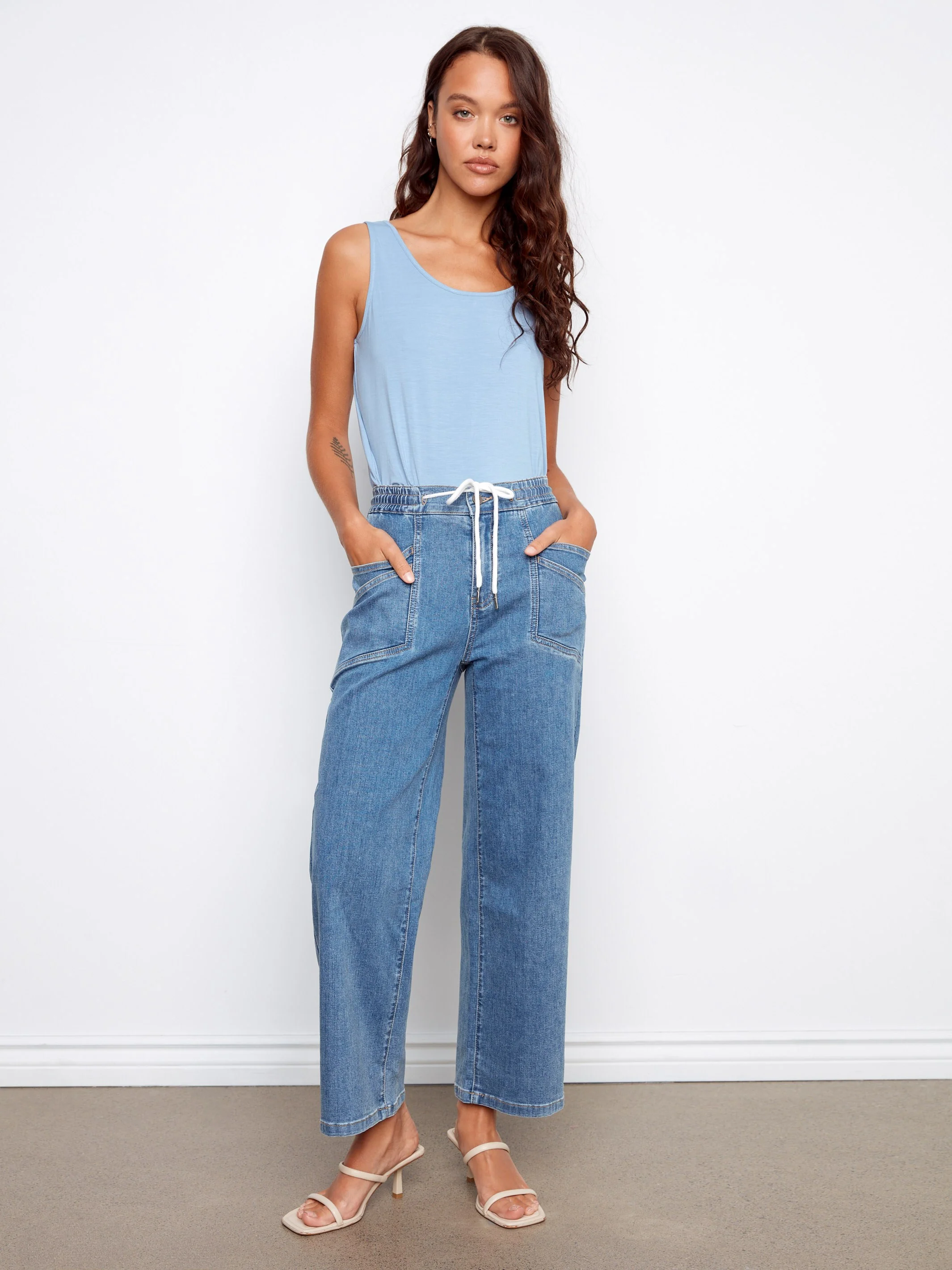 Drawstring Wide Leg Denim Pants - Vintage Blue