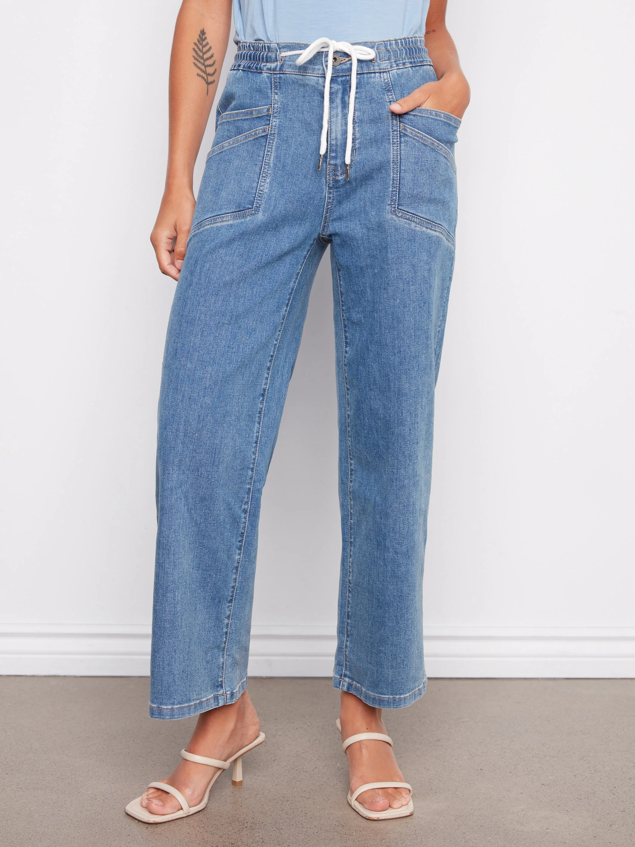 Drawstring Wide Leg Denim Pants - Vintage Blue - Image 2