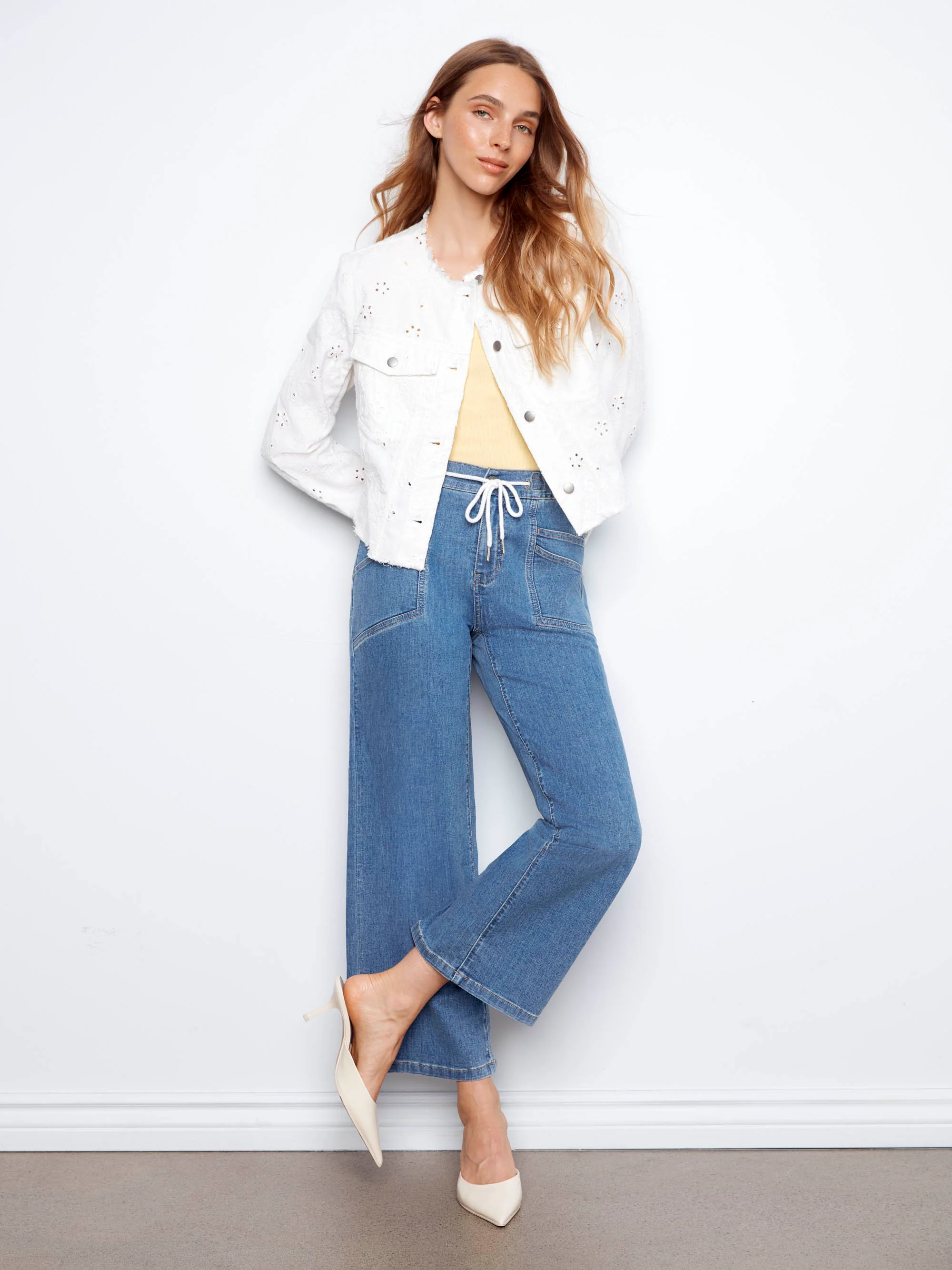 Drawstring Wide Leg Denim Pants - Vintage Blue - Image 5