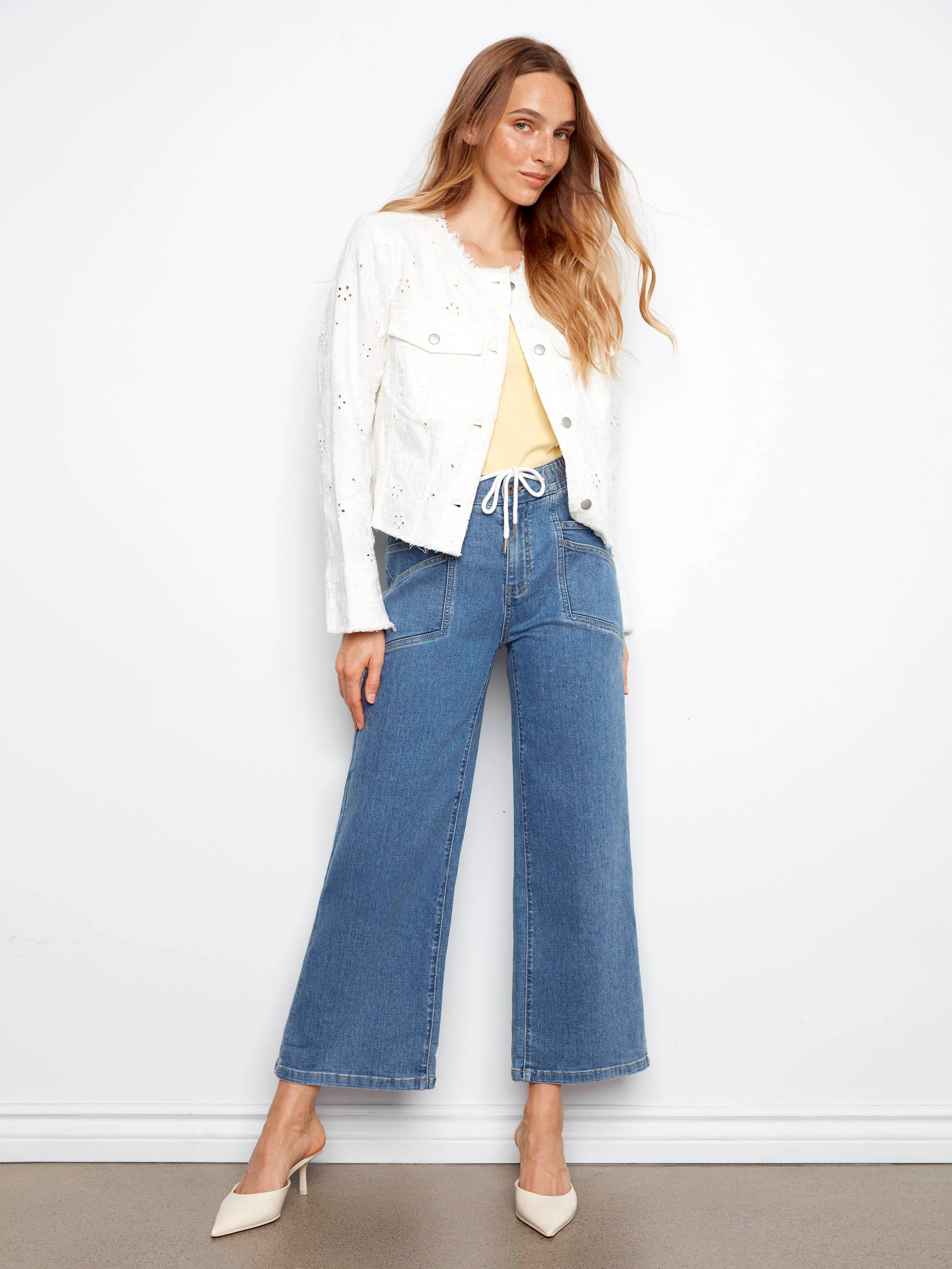 Drawstring Wide Leg Denim Pants - Vintage Blue - Image 6