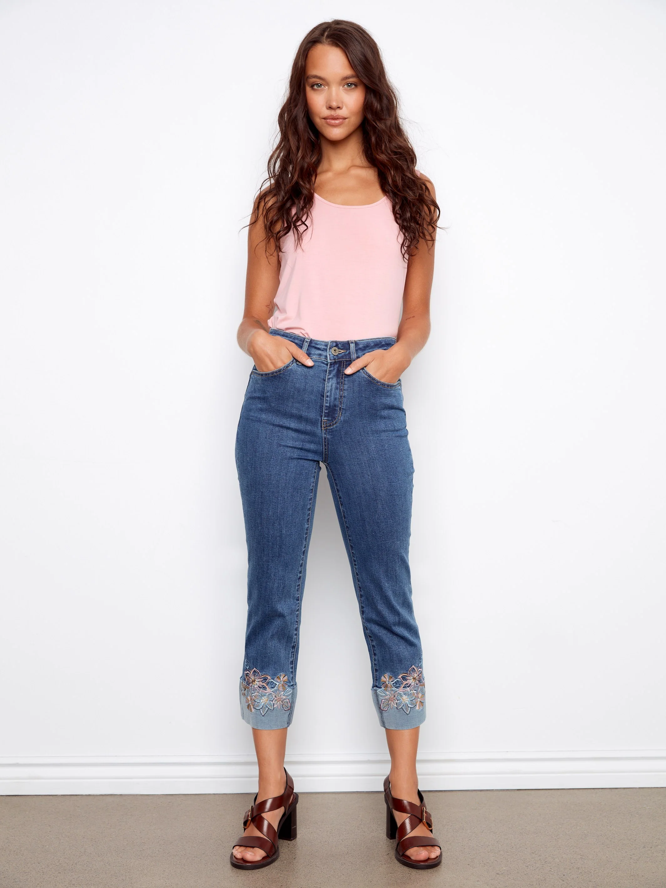 Embroidered Cuff Cropped Jeans - Medium Blue