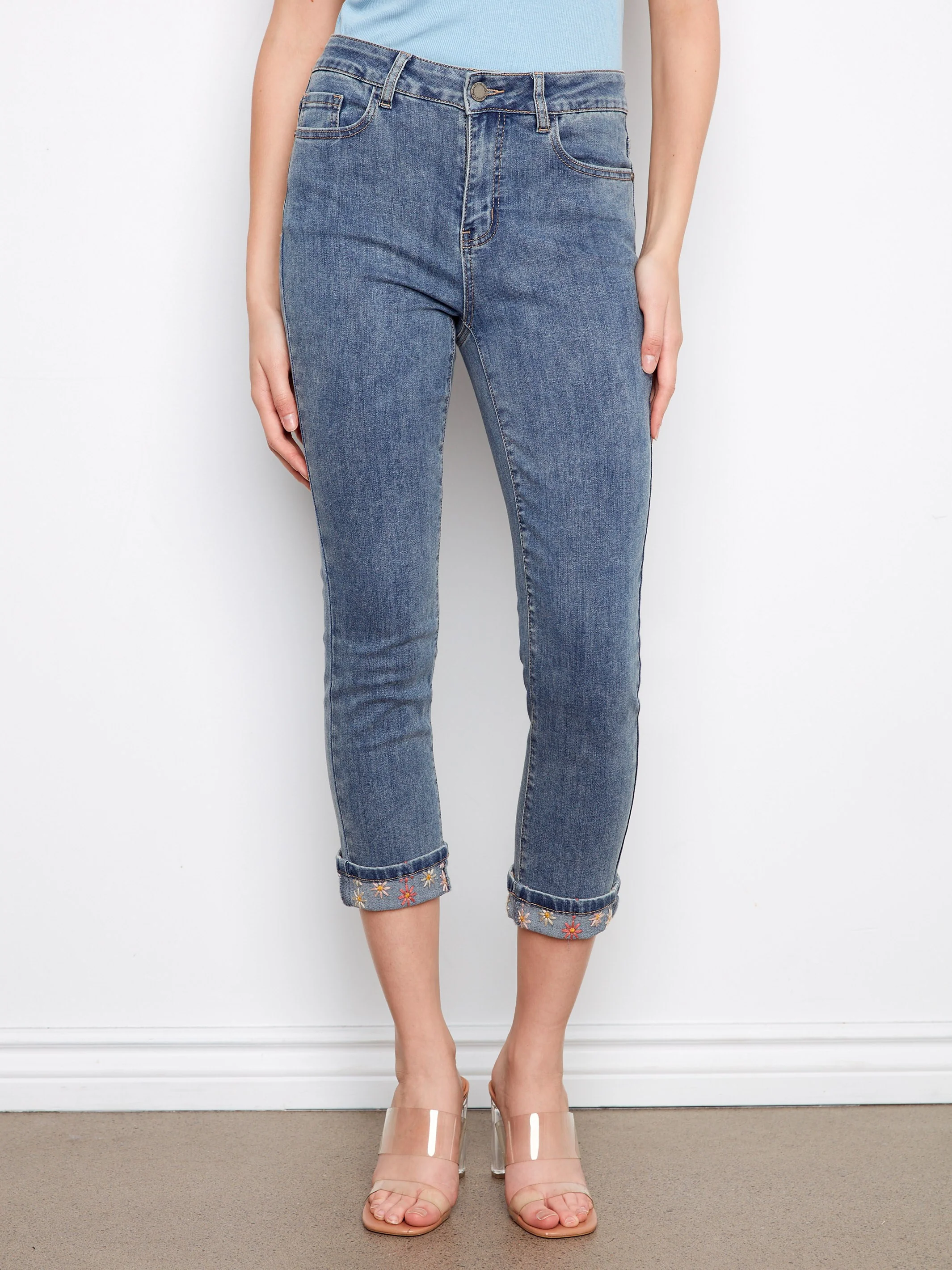 Embroidered Cuff Cropped Slim Leg Jeans - Medium Blue - Image 2
