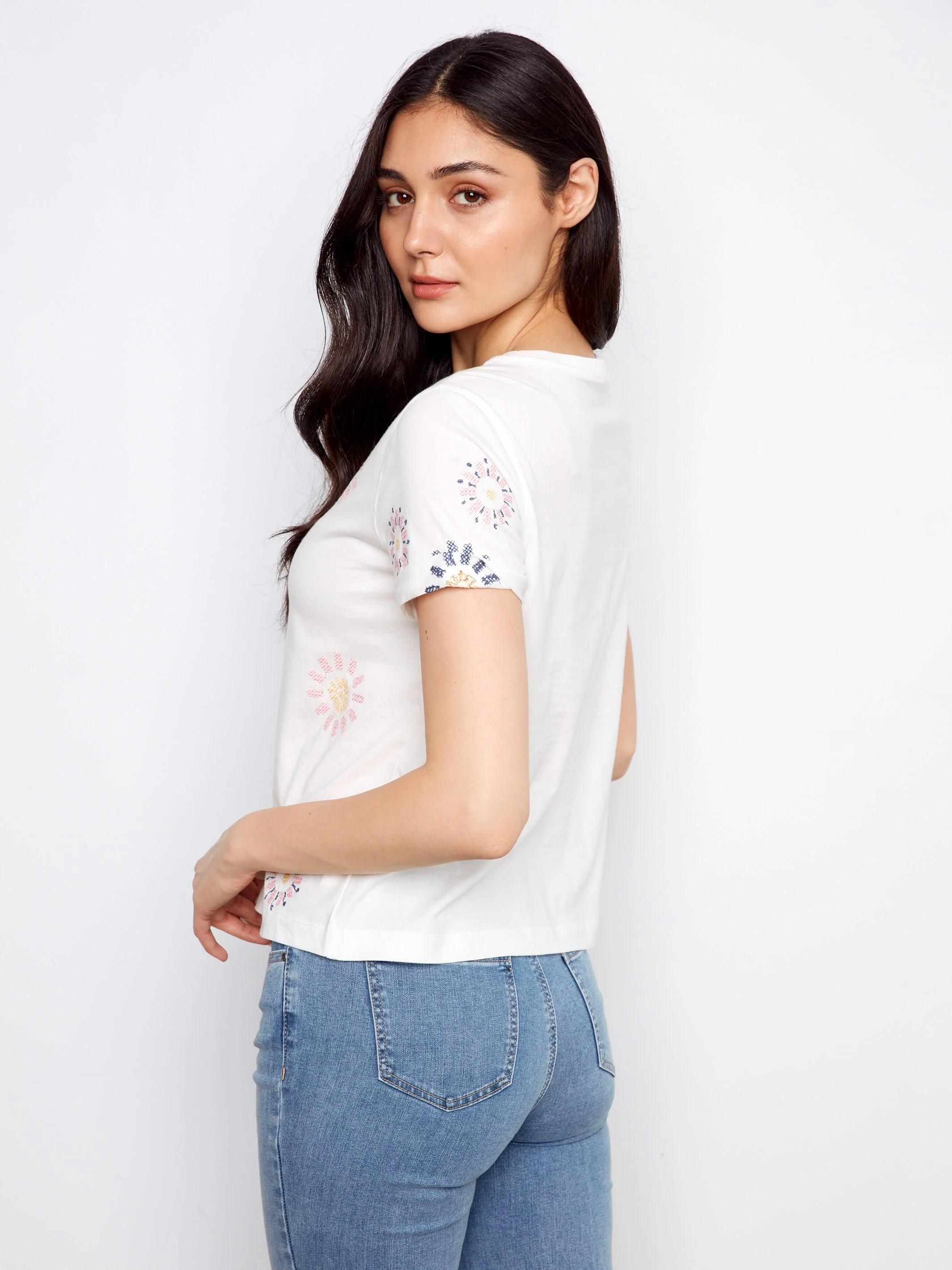 Embroidered Flowers Cotton Jersey T-Shirt - Daisies - Image 3