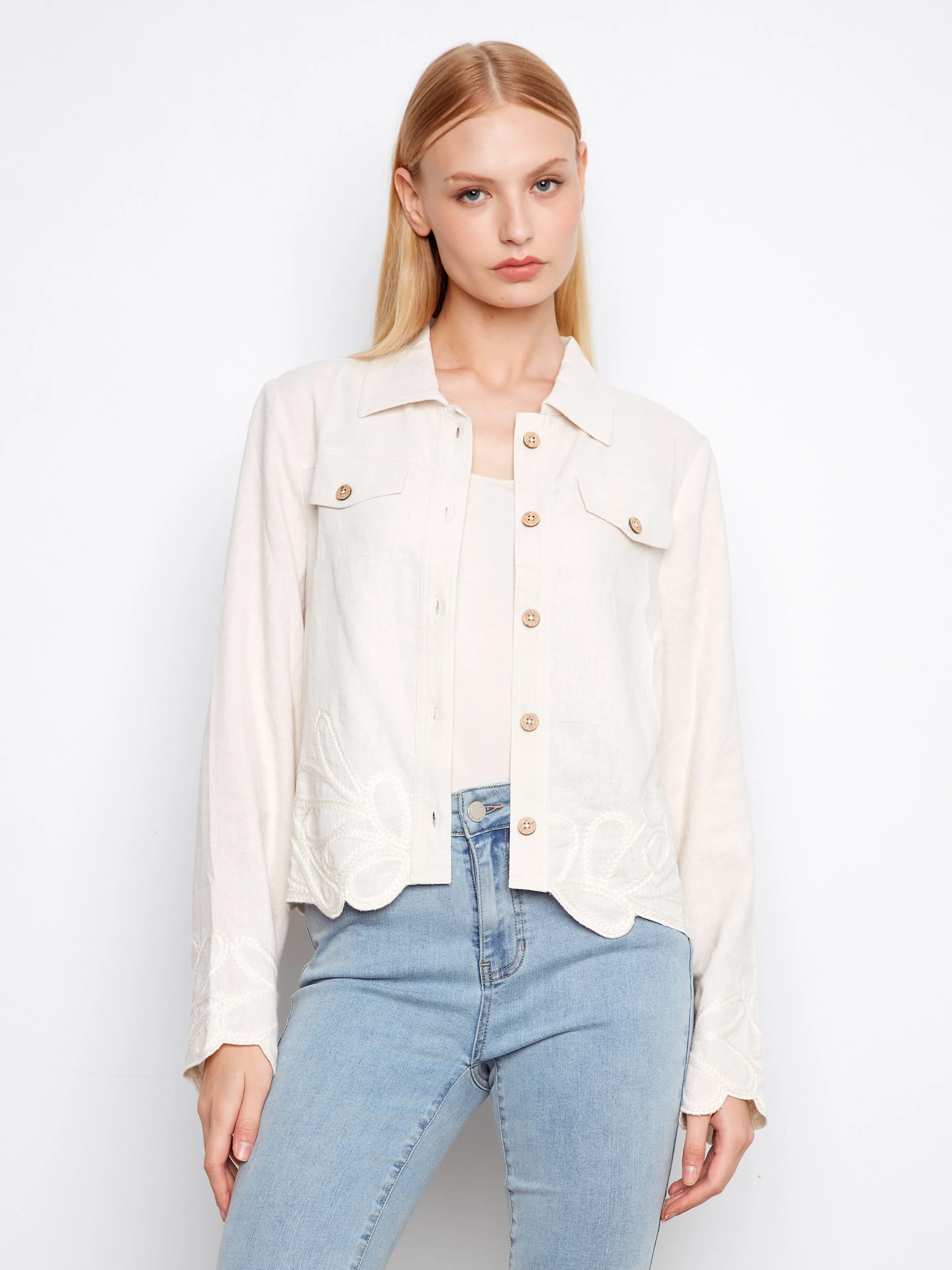 Embroidered Hem Linen Blend Jacket - Natural - Image 3