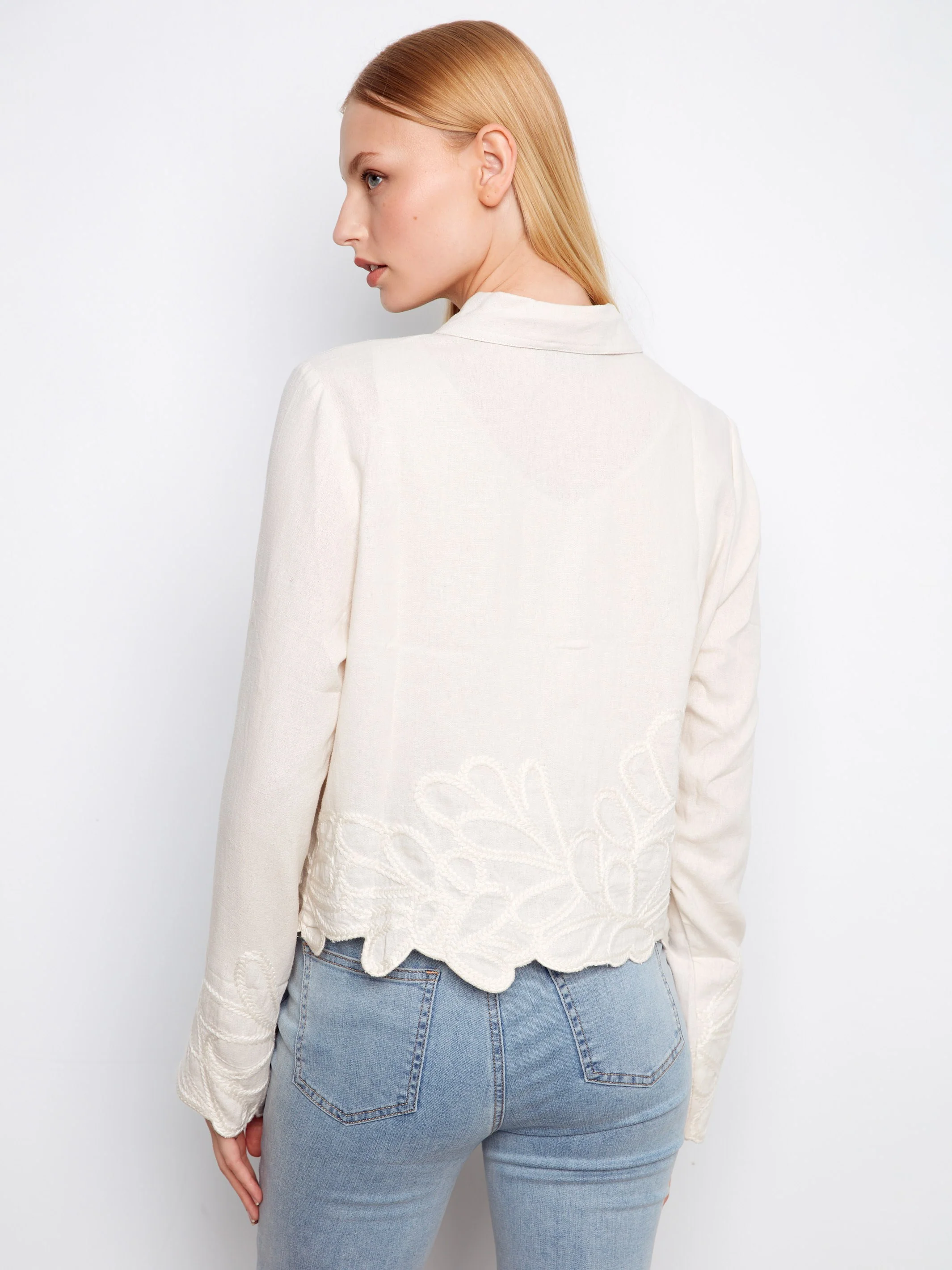Embroidered Hem Linen Blend Jacket - Natural - Image 4