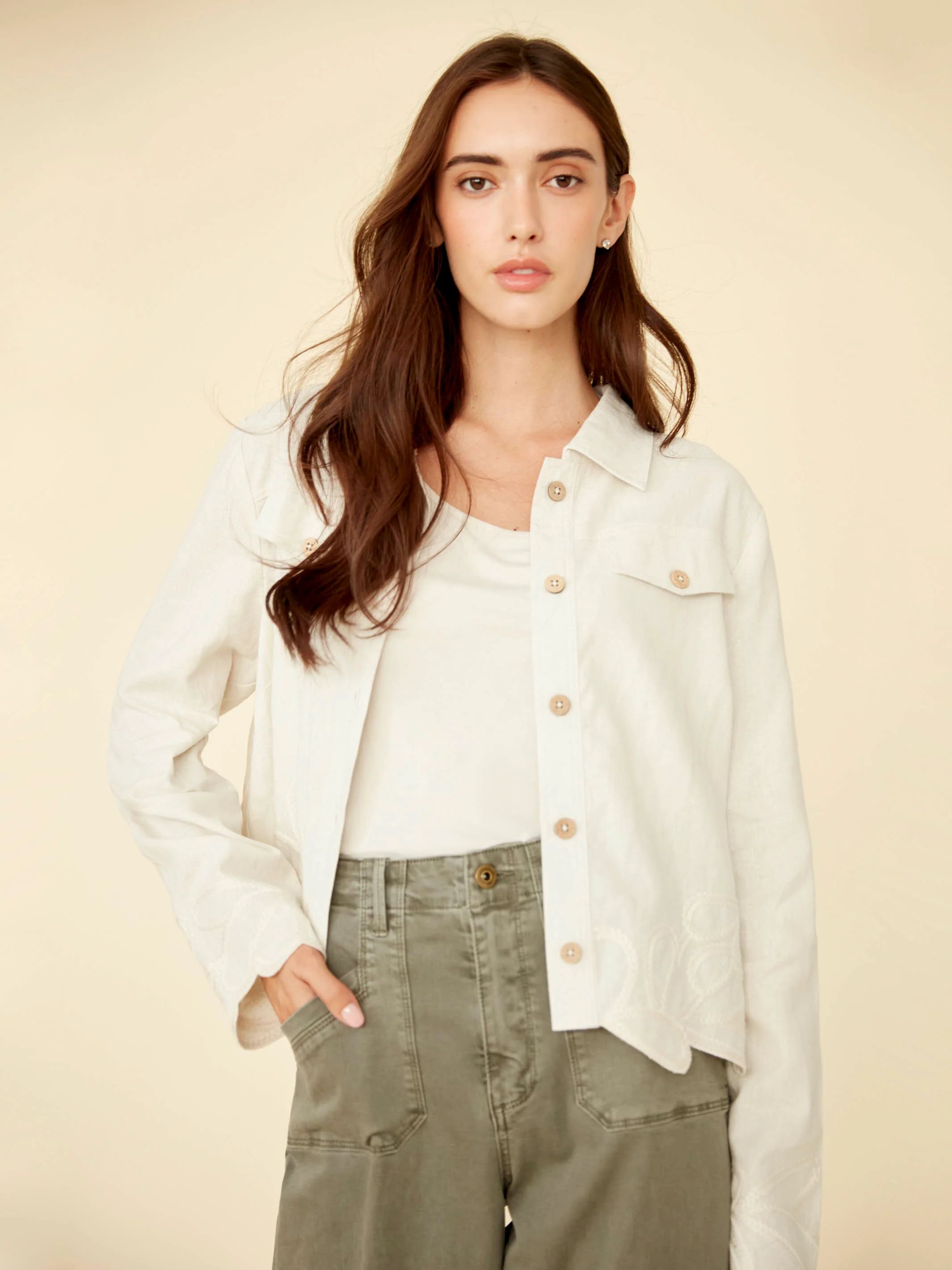 Embroidered Hem Linen Blend Jacket - Natural - Image 8
