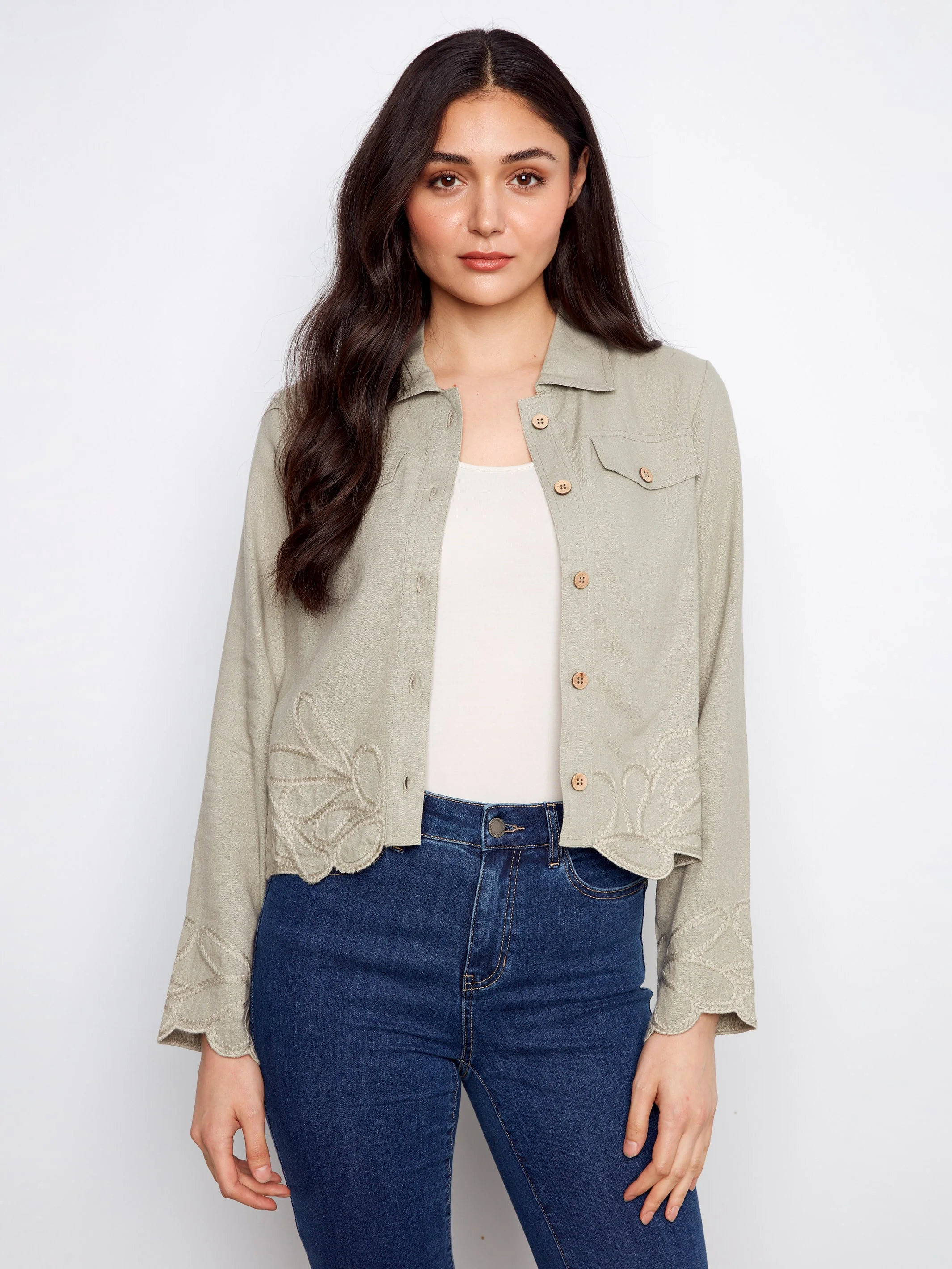 Embroidered Hem Linen Blend Jacket - Sage - Image 3
