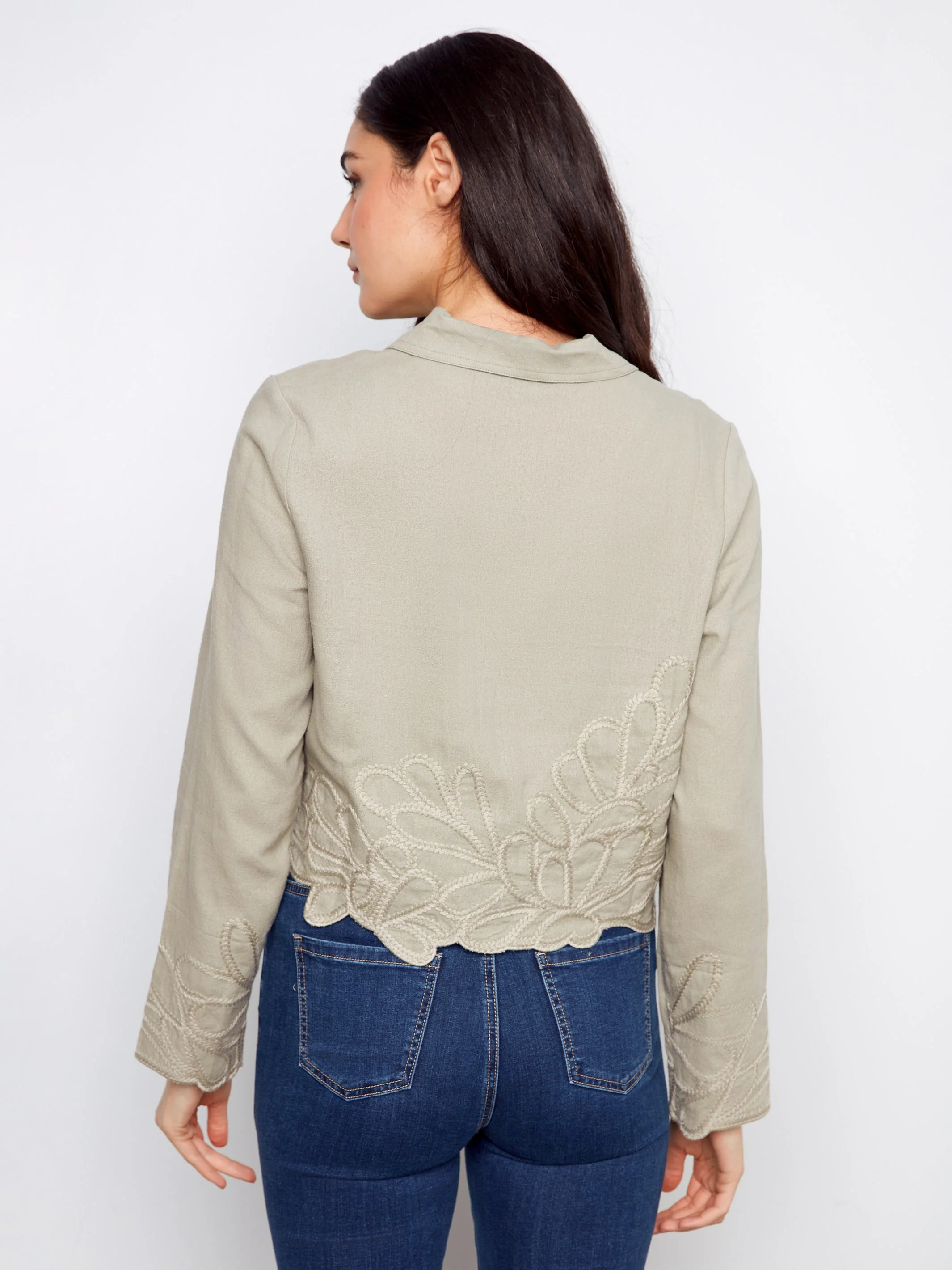 Embroidered Hem Linen Blend Jacket - Sage - Image 4