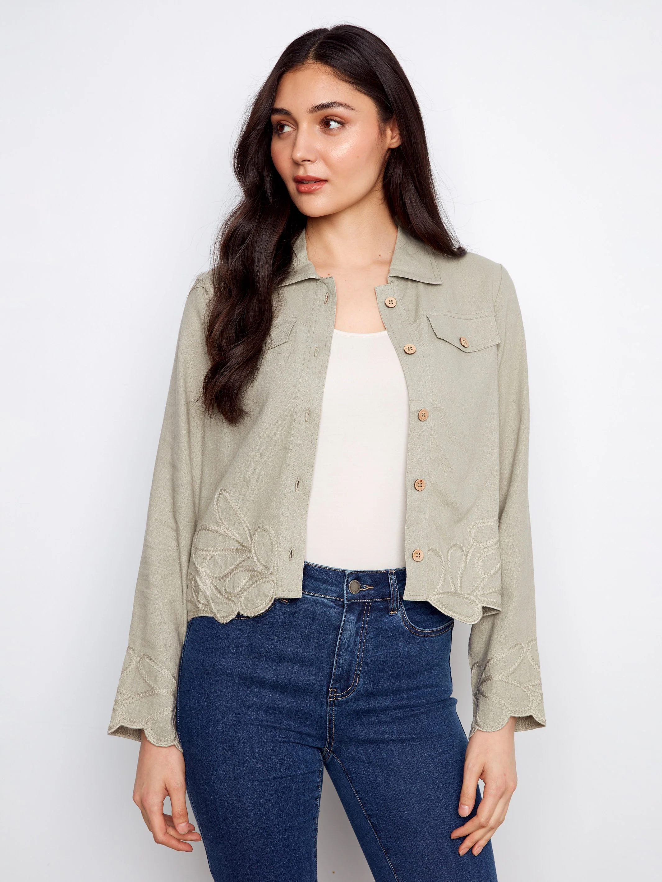 Embroidered Hem Linen Blend Jacket - Sage - Image 5