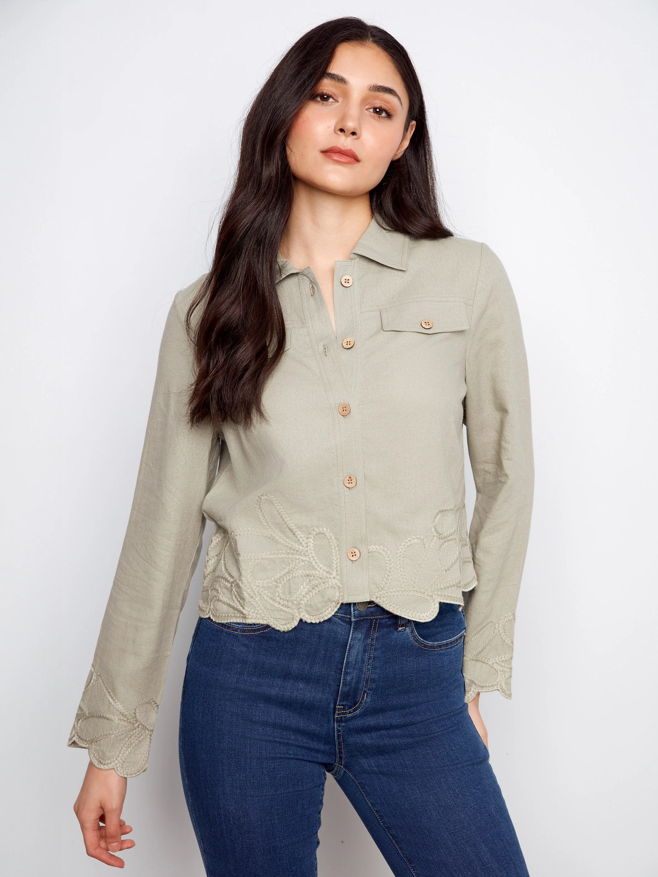 Embroidered Hem Linen Blend Jacket - Sage - Image 6