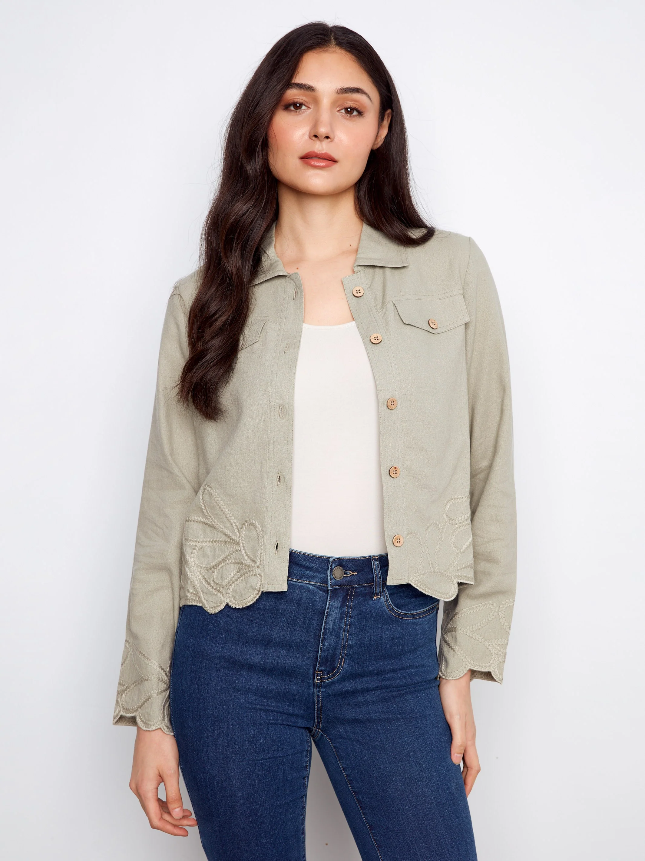 Embroidered Hem Linen Blend Jacket - Sage - Image 7