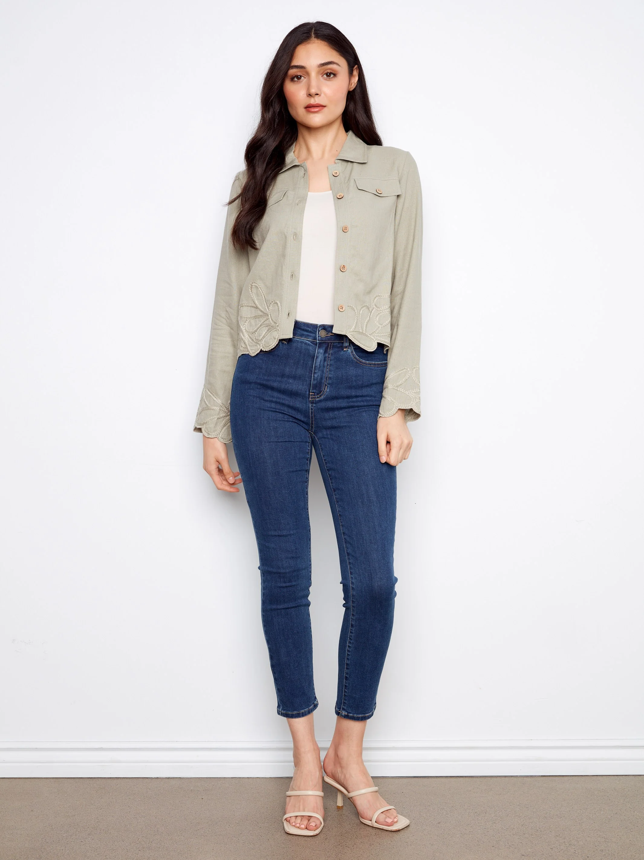 Embroidered Hem Linen Blend Jacket - Sage - Image 8