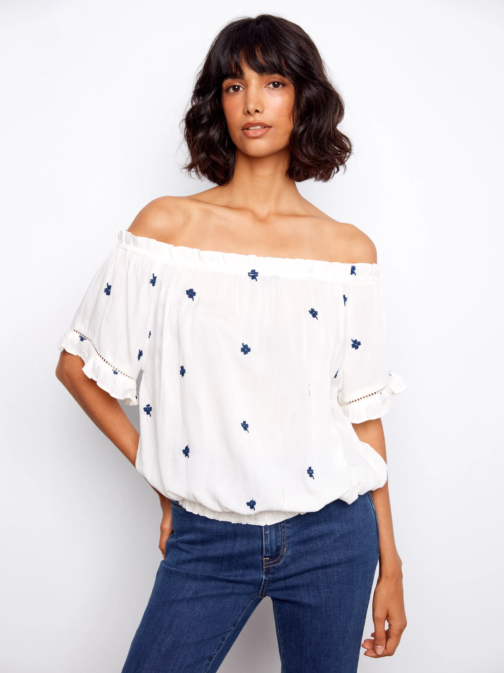 Embroidered Short Sleeve Off-Shoulder Blouse - White - Image 2