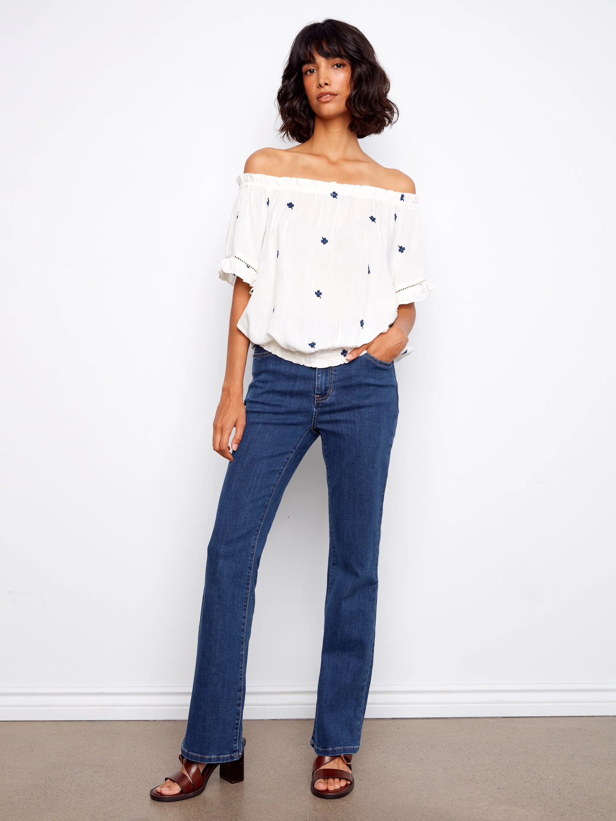 Embroidered Short Sleeve Off-Shoulder Blouse - White - Image 3