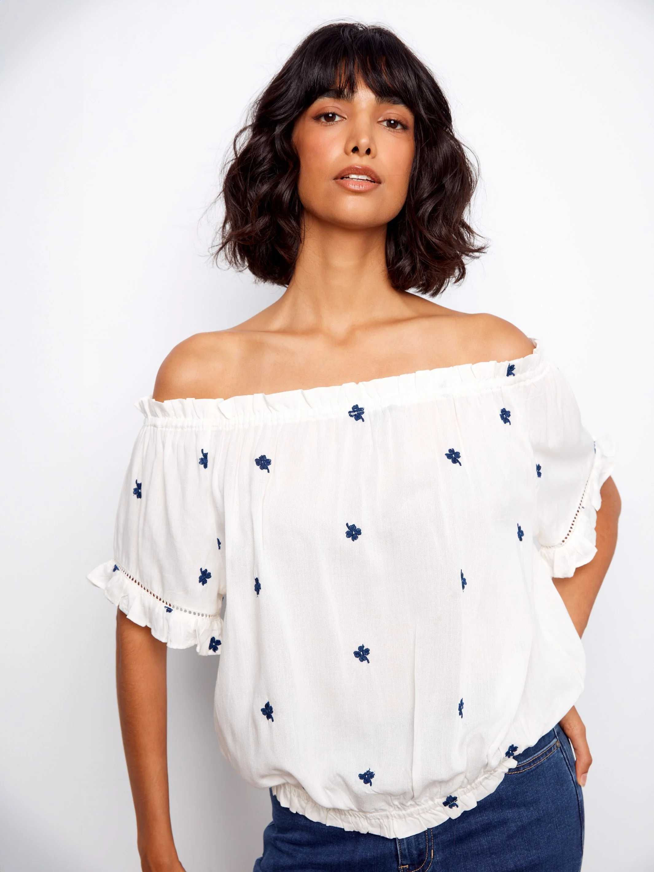 Embroidered Short Sleeve Off-Shoulder Blouse - White - Image 4