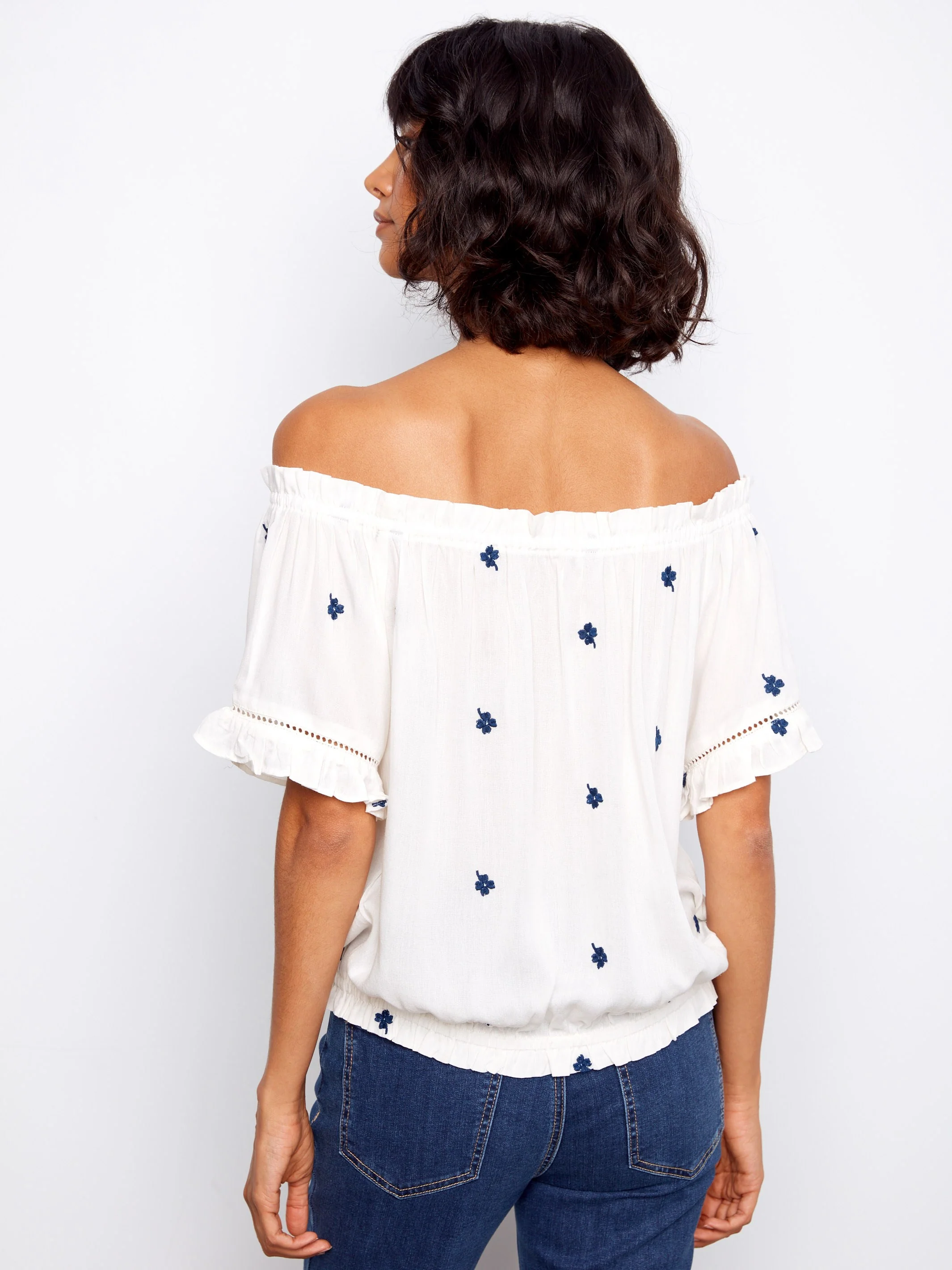 Embroidered Short Sleeve Off-Shoulder Blouse - White - Image 7