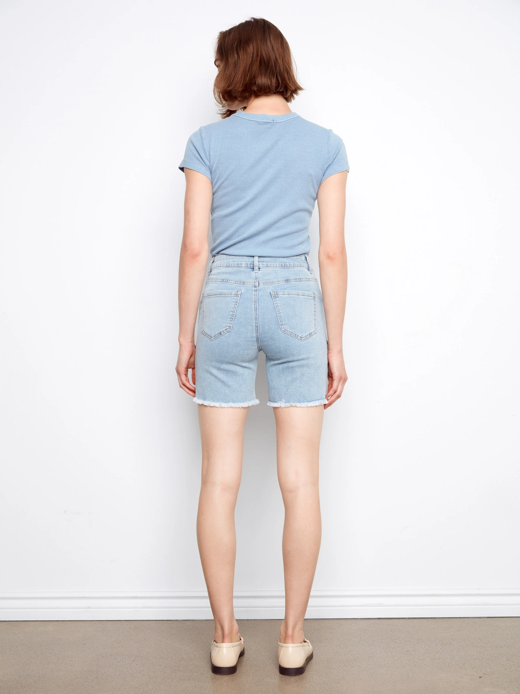 Embroidered Stretch Denim Shorts - Light Blue - Image 7