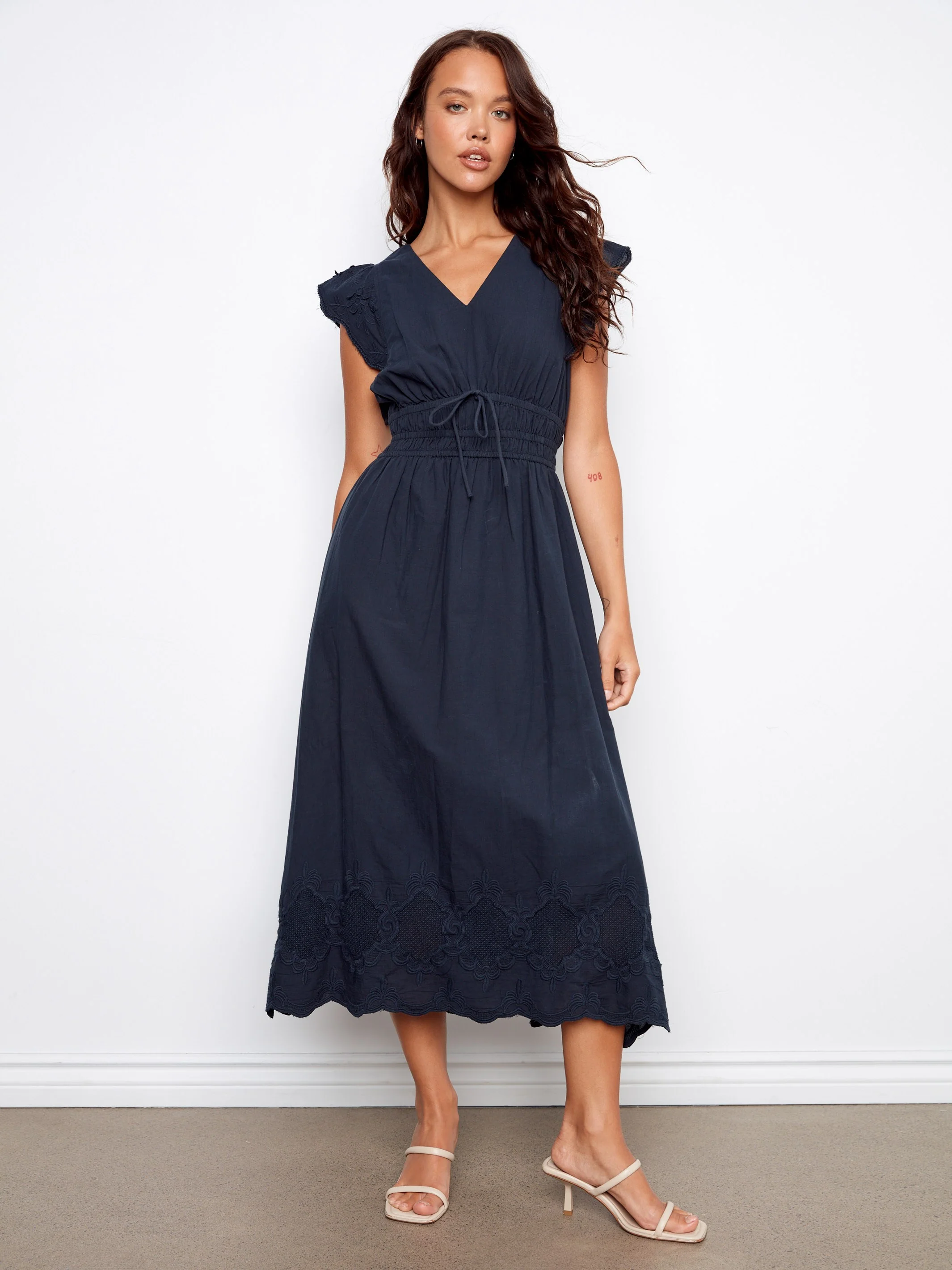 Embroidered V-Neck Midi Dress - Navy - Image 3