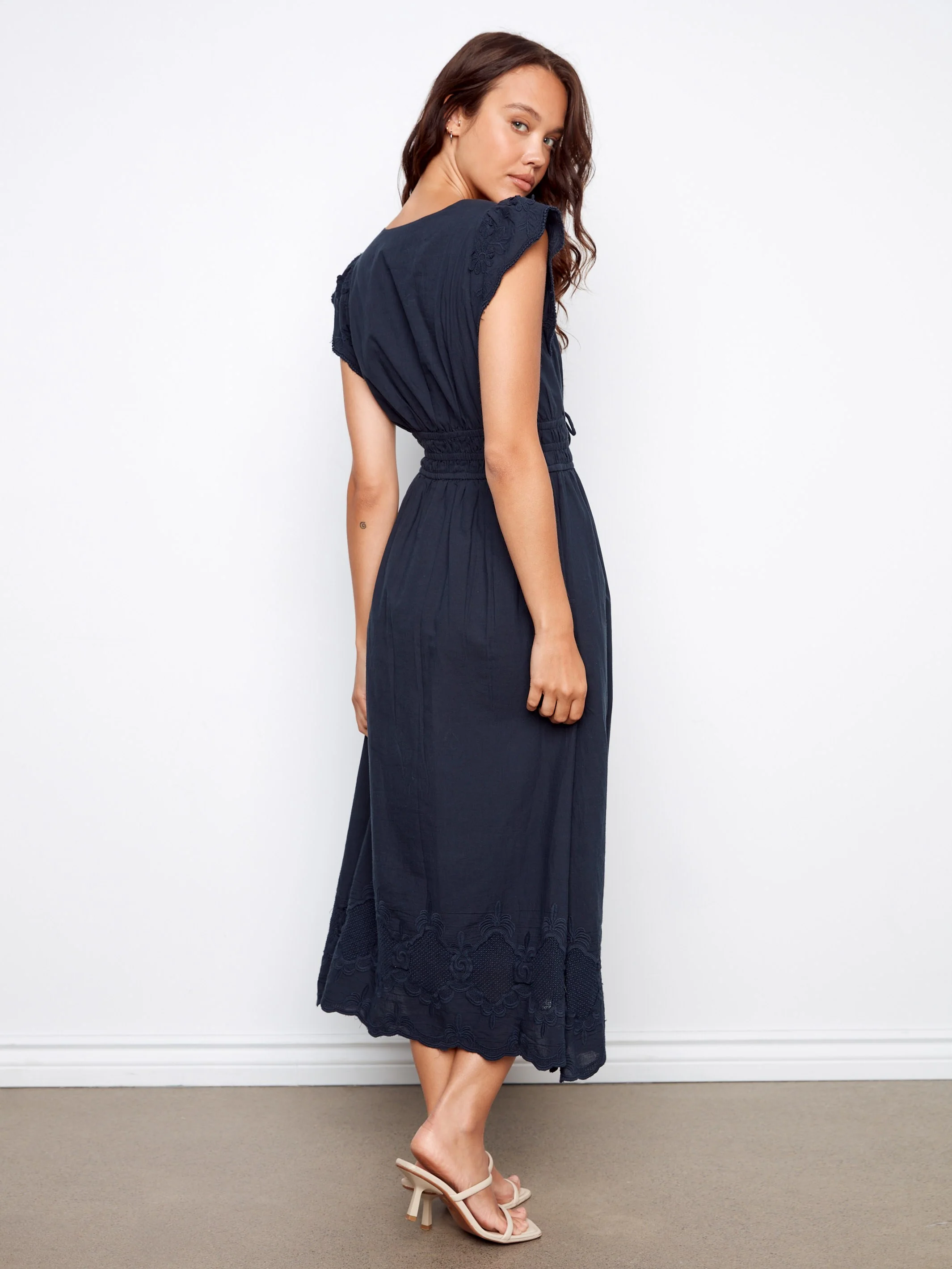 Embroidered V-Neck Midi Dress - Navy - Image 4