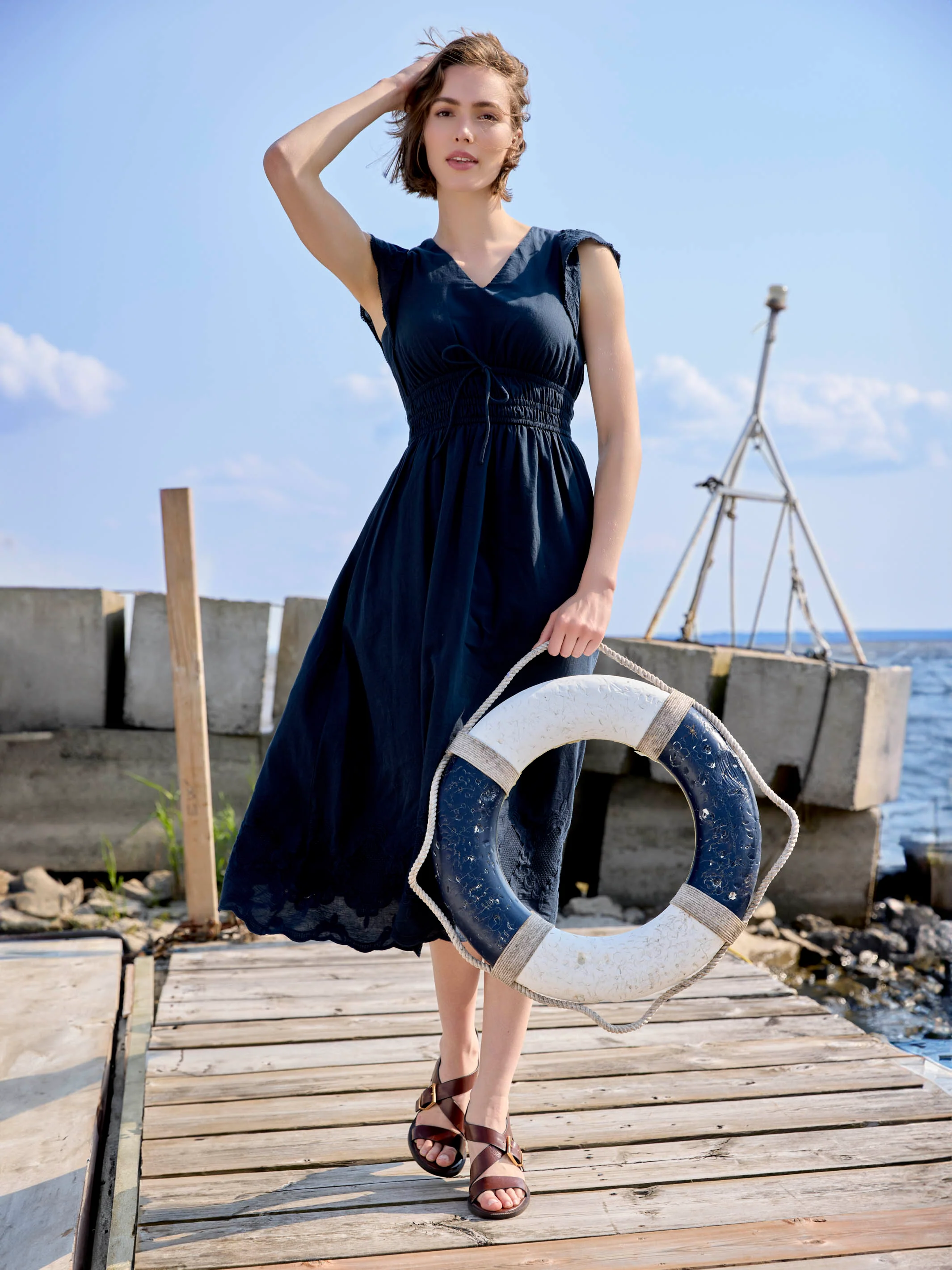Embroidered V-Neck Midi Dress - Navy - Image 5