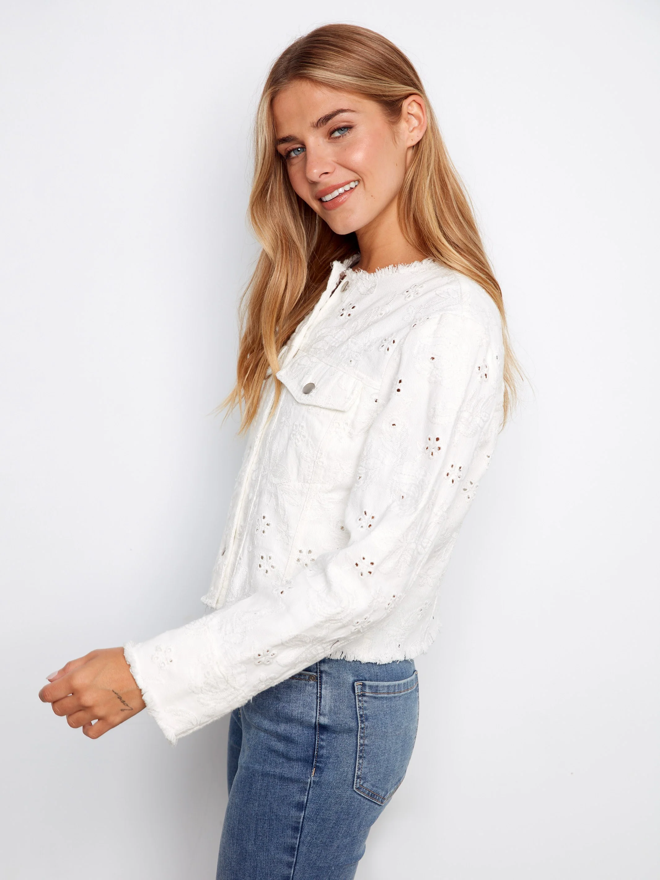 Eyelet Stretch Denim Jacket - White - Image 5