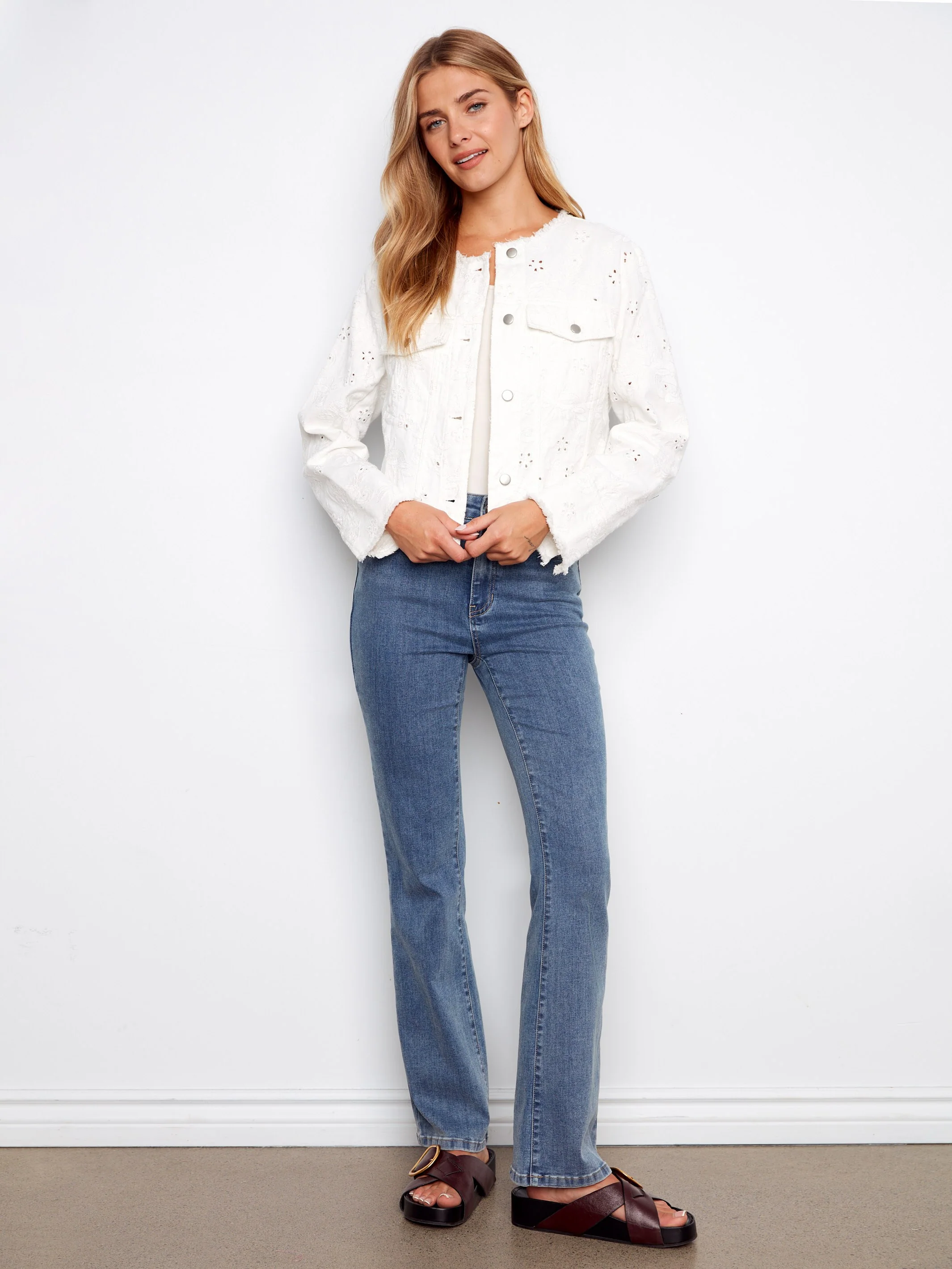 Eyelet Stretch Denim Jacket - White - Image 6
