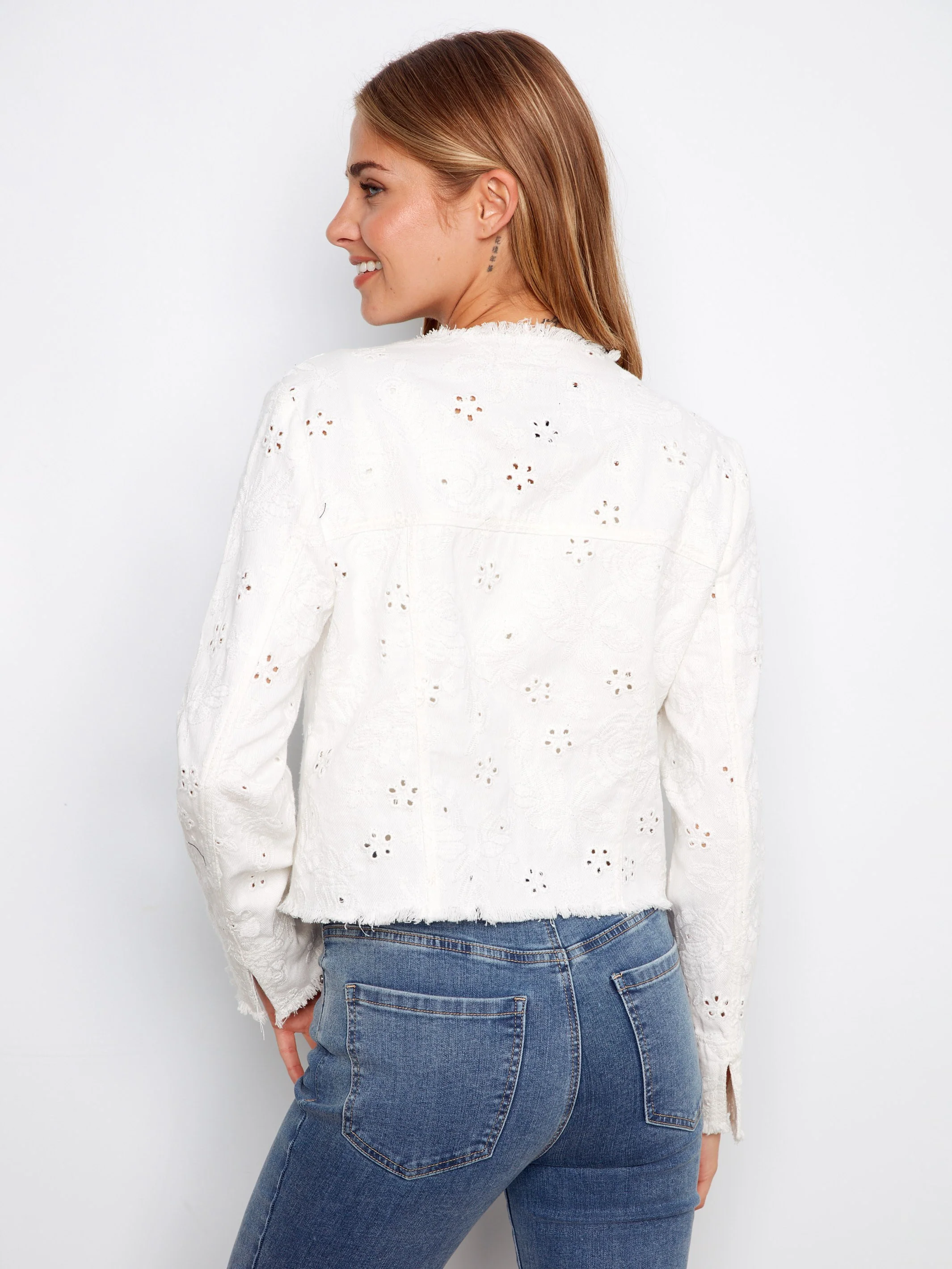 Eyelet Stretch Denim Jacket - White - Image 8