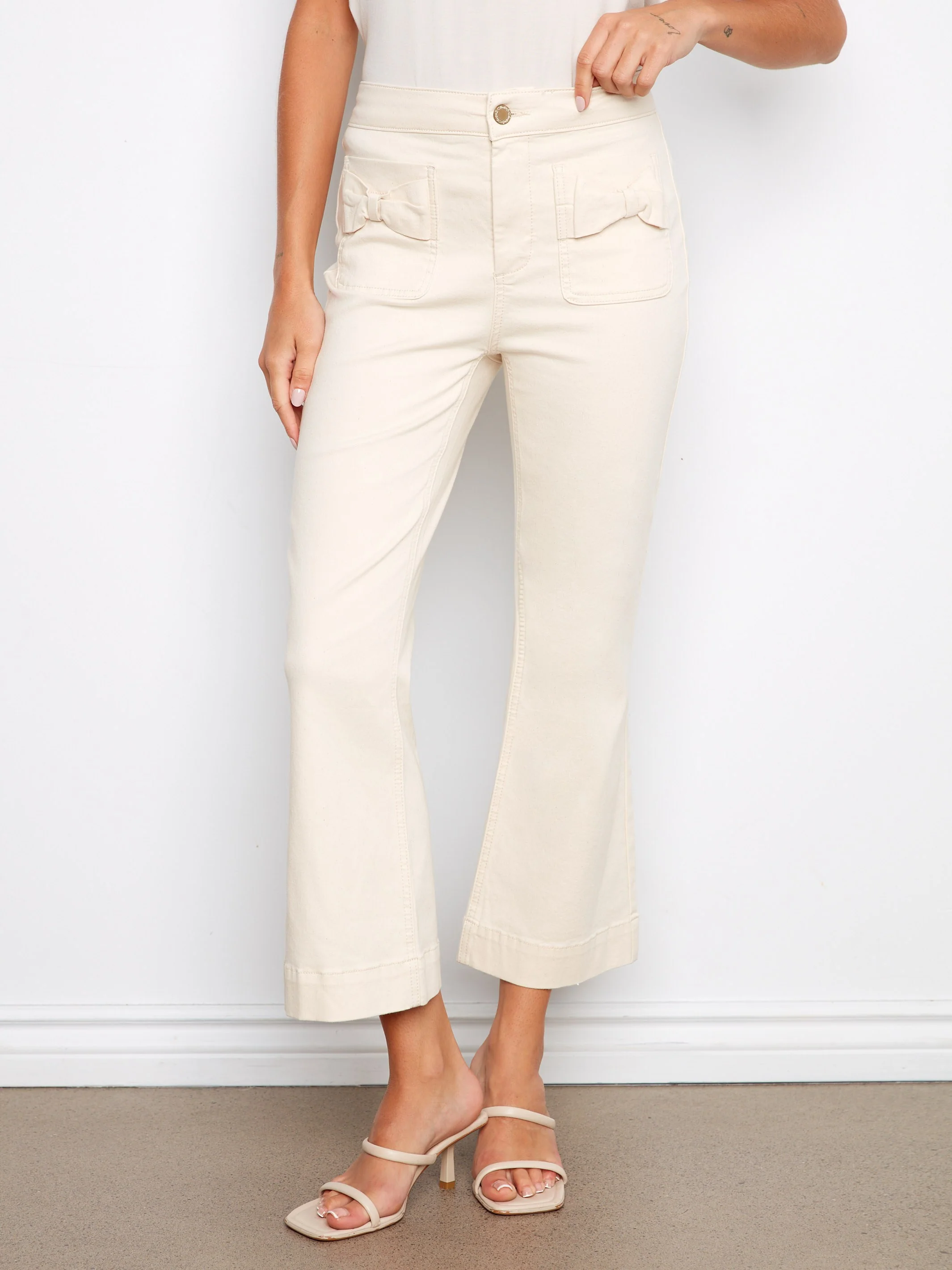 Flare Twill Pants With Bow Patch Pockets - Natural - Image 2