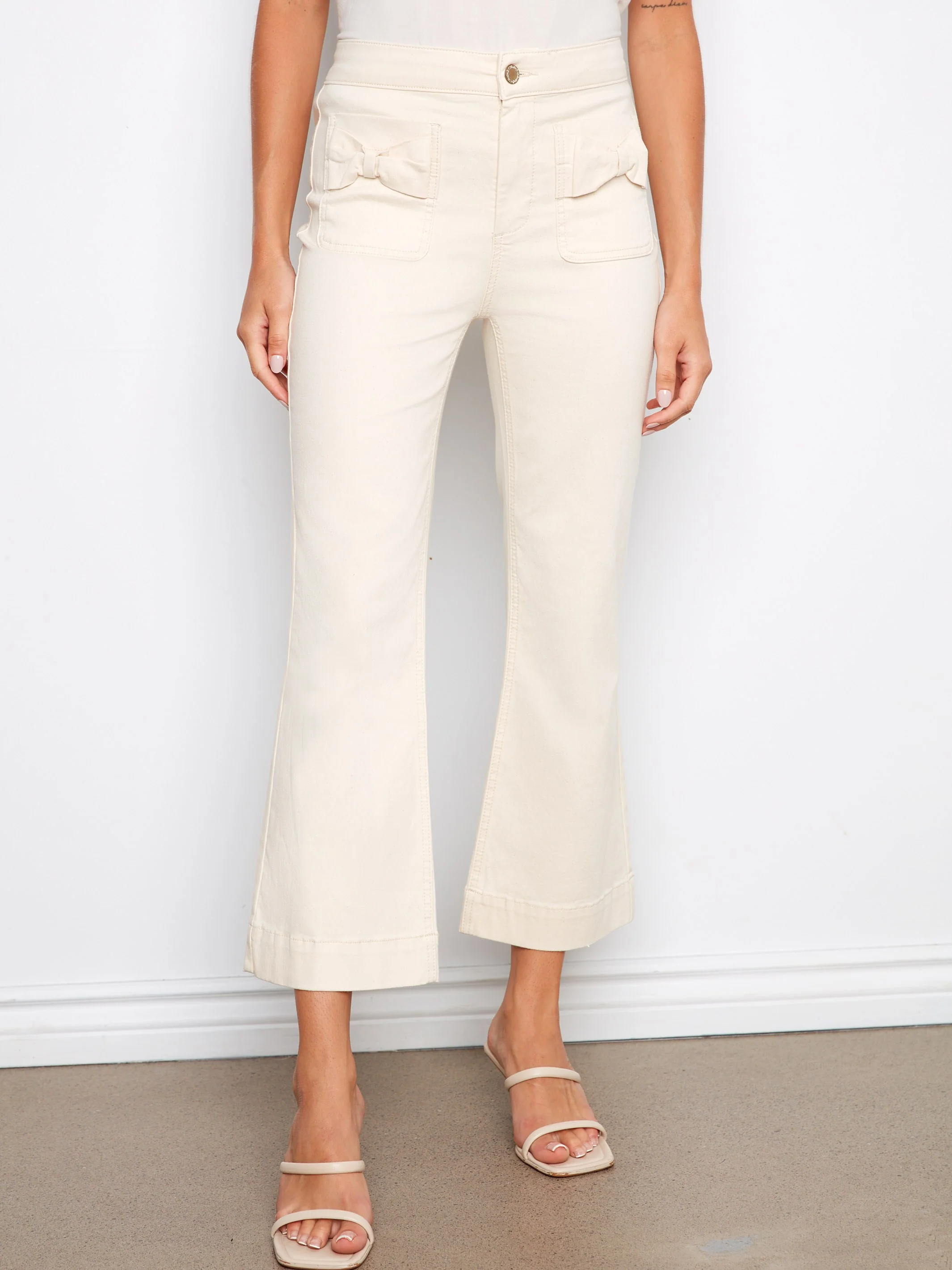 Flare Twill Pants With Bow Patch Pockets - Natural - Image 6
