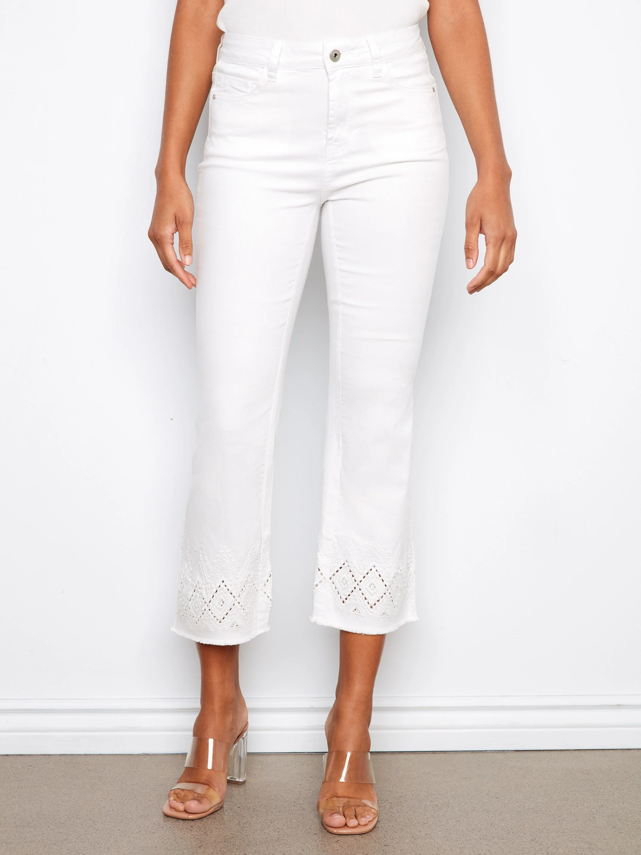 Flare Twill Pants With Zigzag Embroidery - White - Image 2