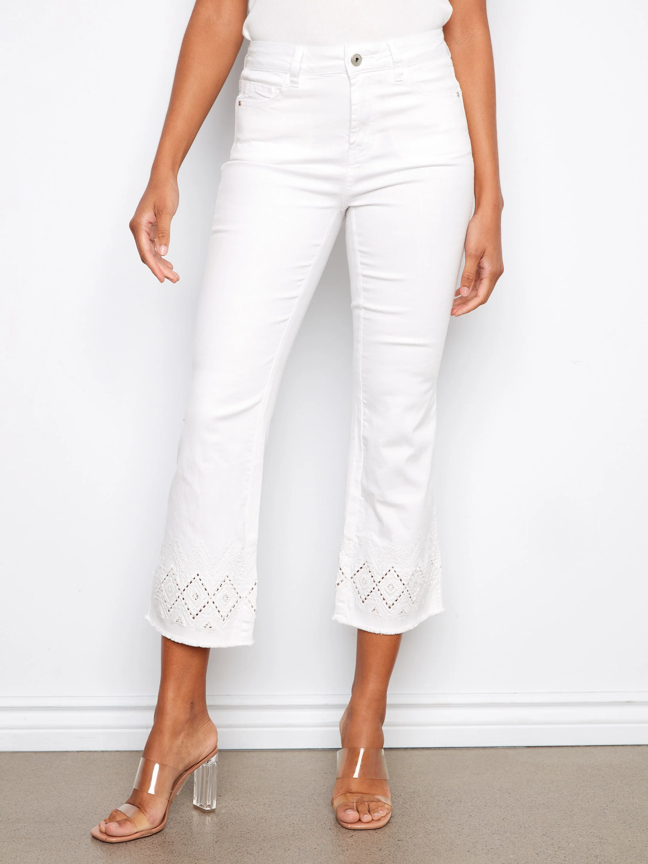 Flare Twill Pants With Zigzag Embroidery - White - Image 6