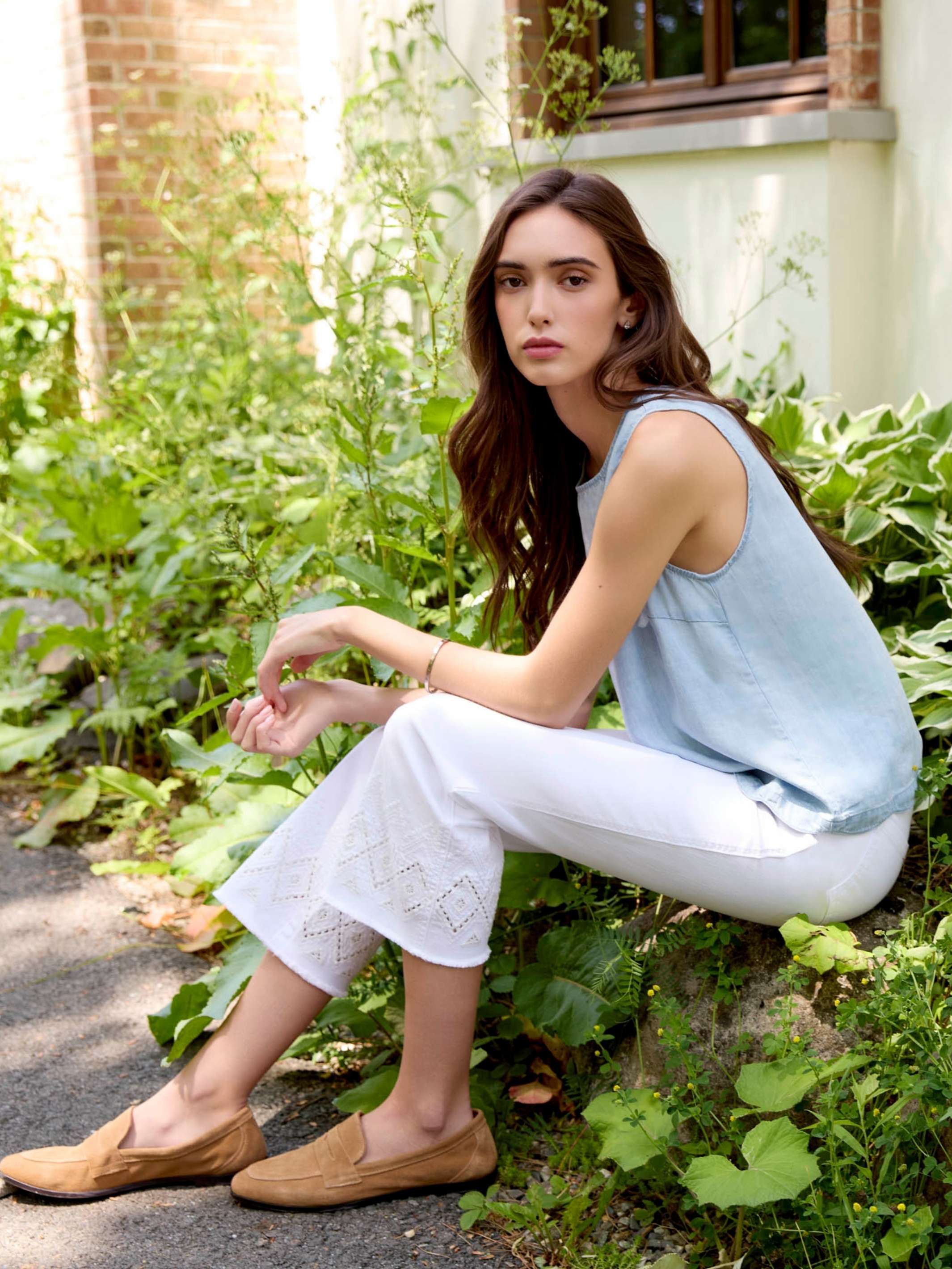 Flare Twill Pants With Zigzag Embroidery - White - Image 7