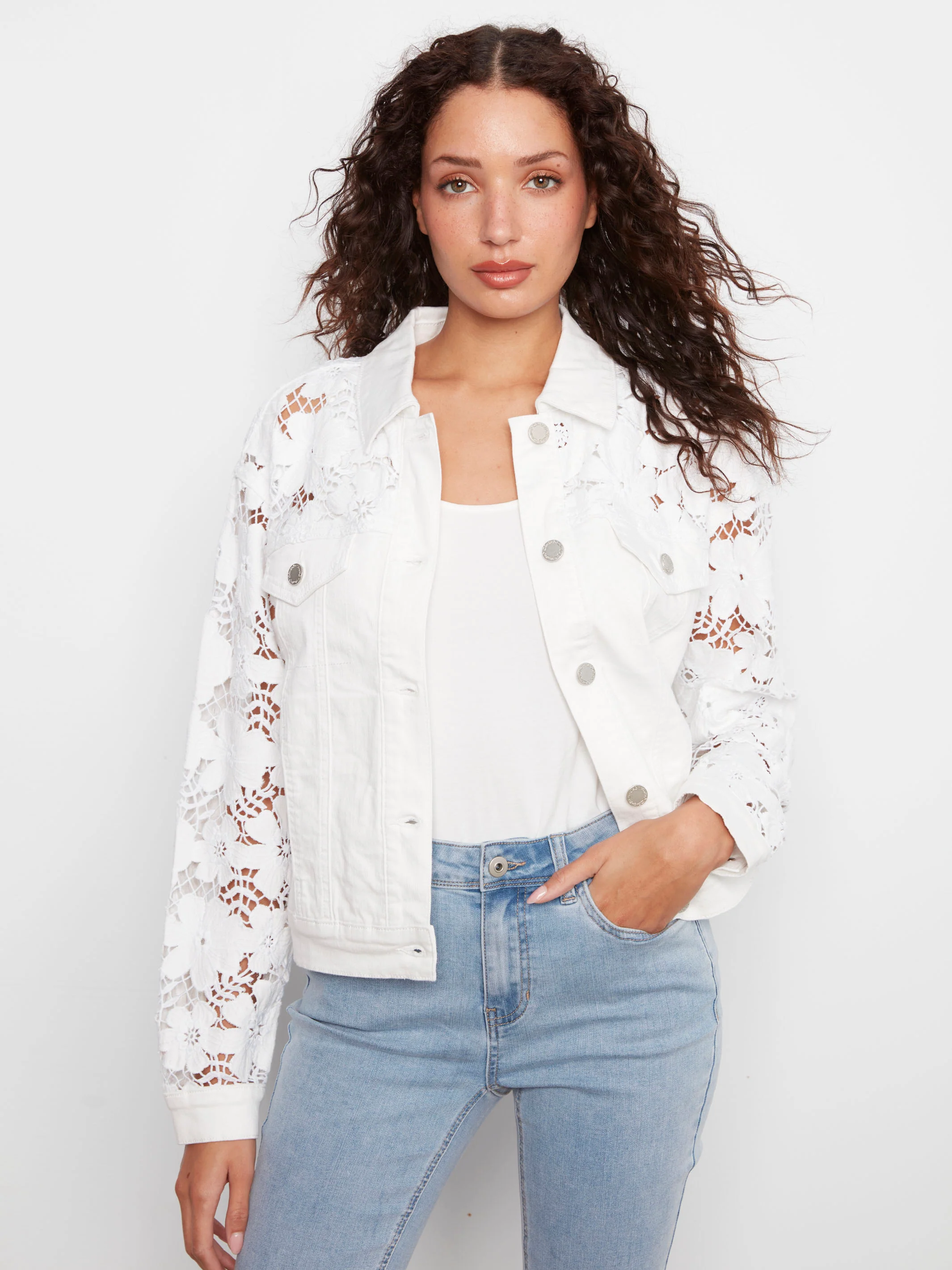 Floral Embroidered Twill Jean Jacket - White - Image 3