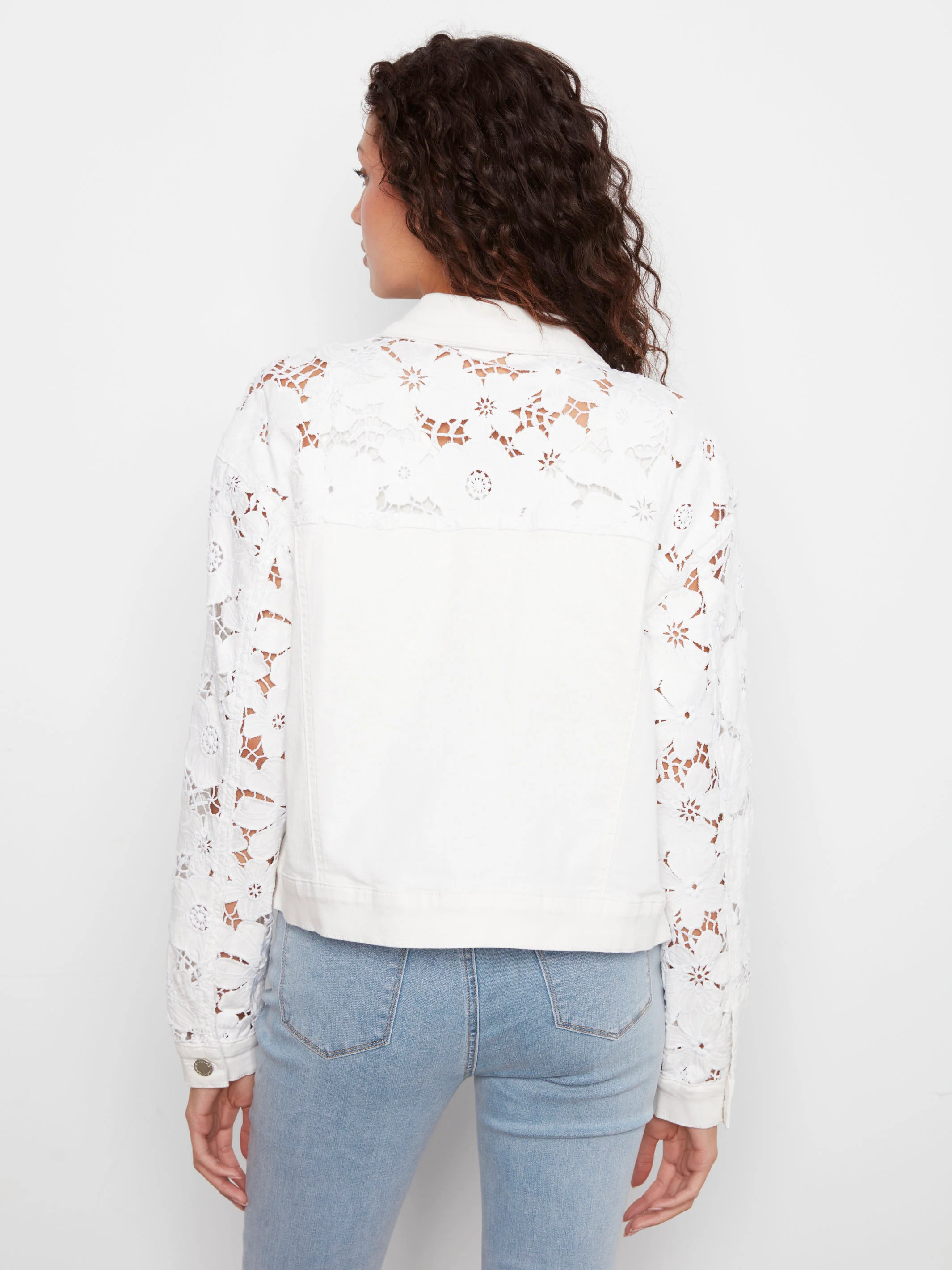 Floral Embroidered Twill Jean Jacket - White - Image 5