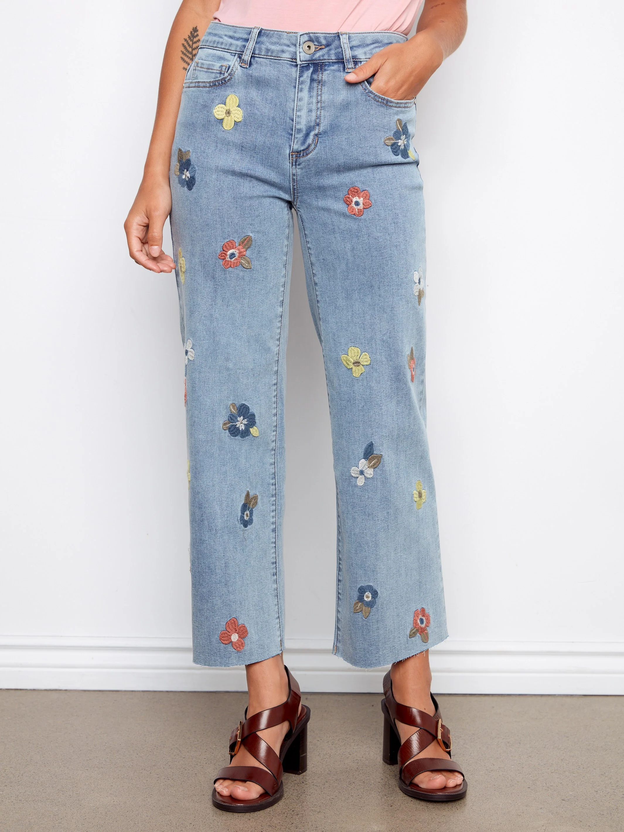 Floral Embroidered Wide Leg Jeans - Light Blue - Image 2