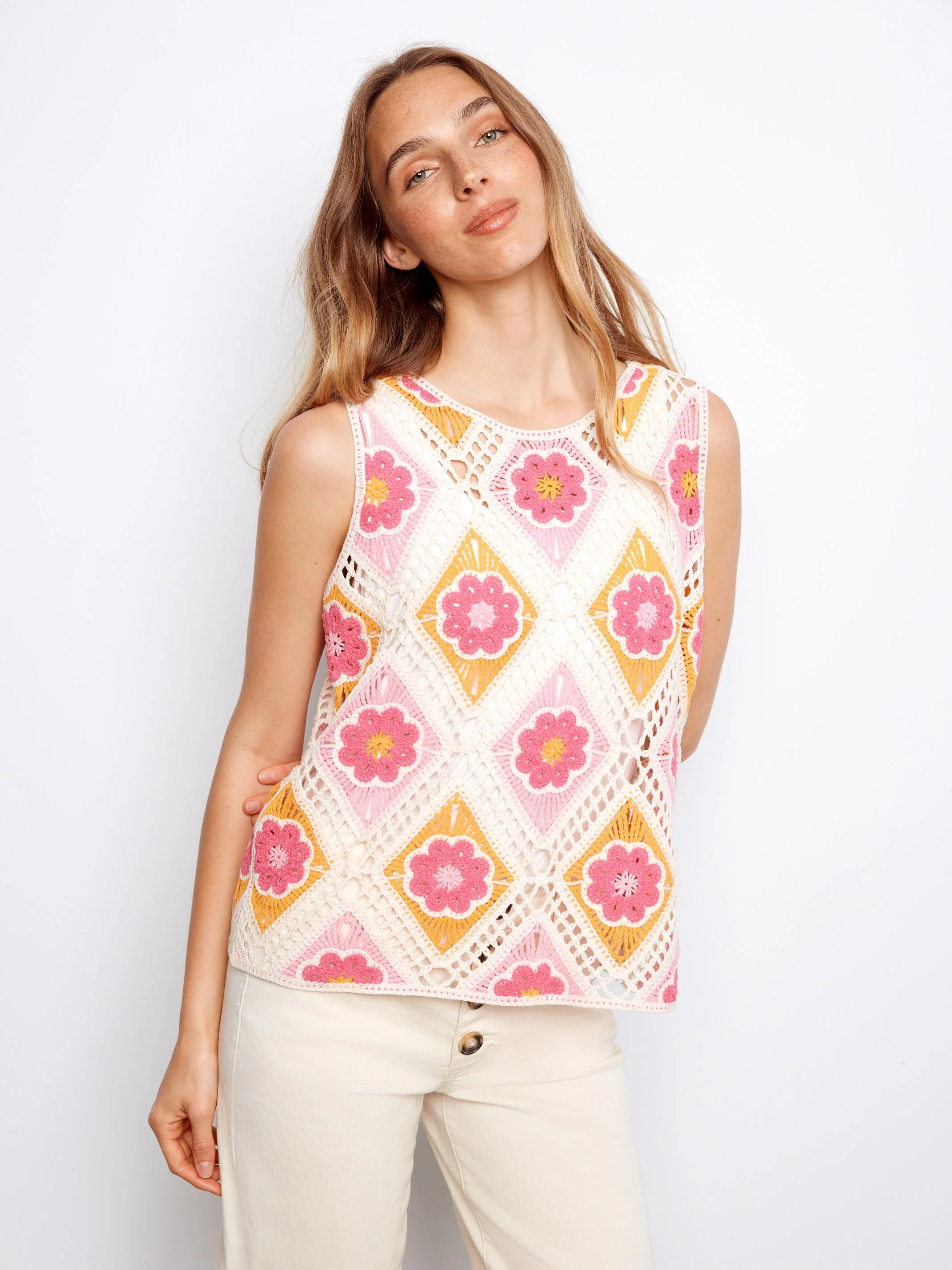 Floral Sleeveless Crochet Cotton Blend Top - Apricot - Image 4