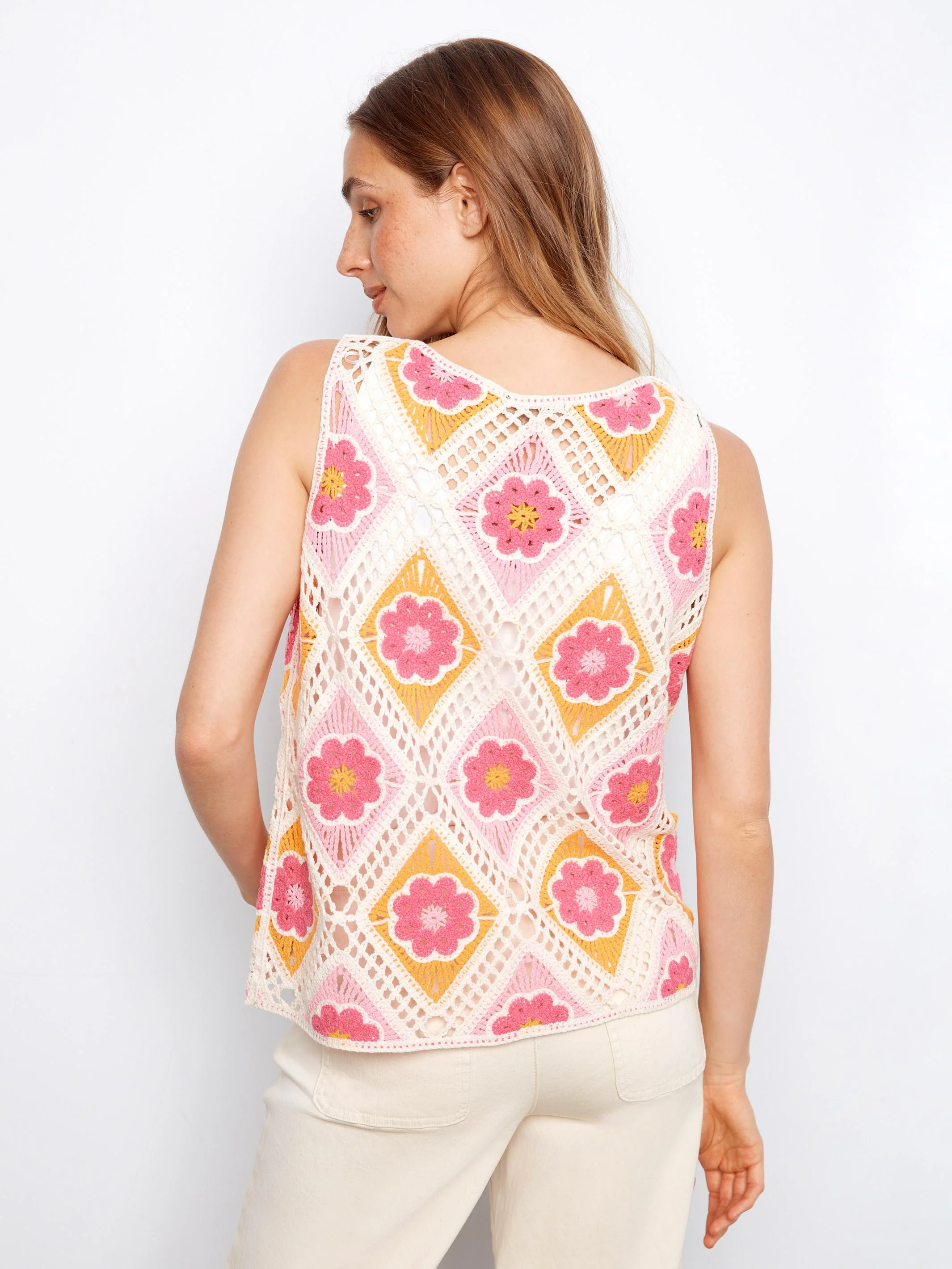 Floral Sleeveless Crochet Cotton Blend Top - Apricot - Image 6