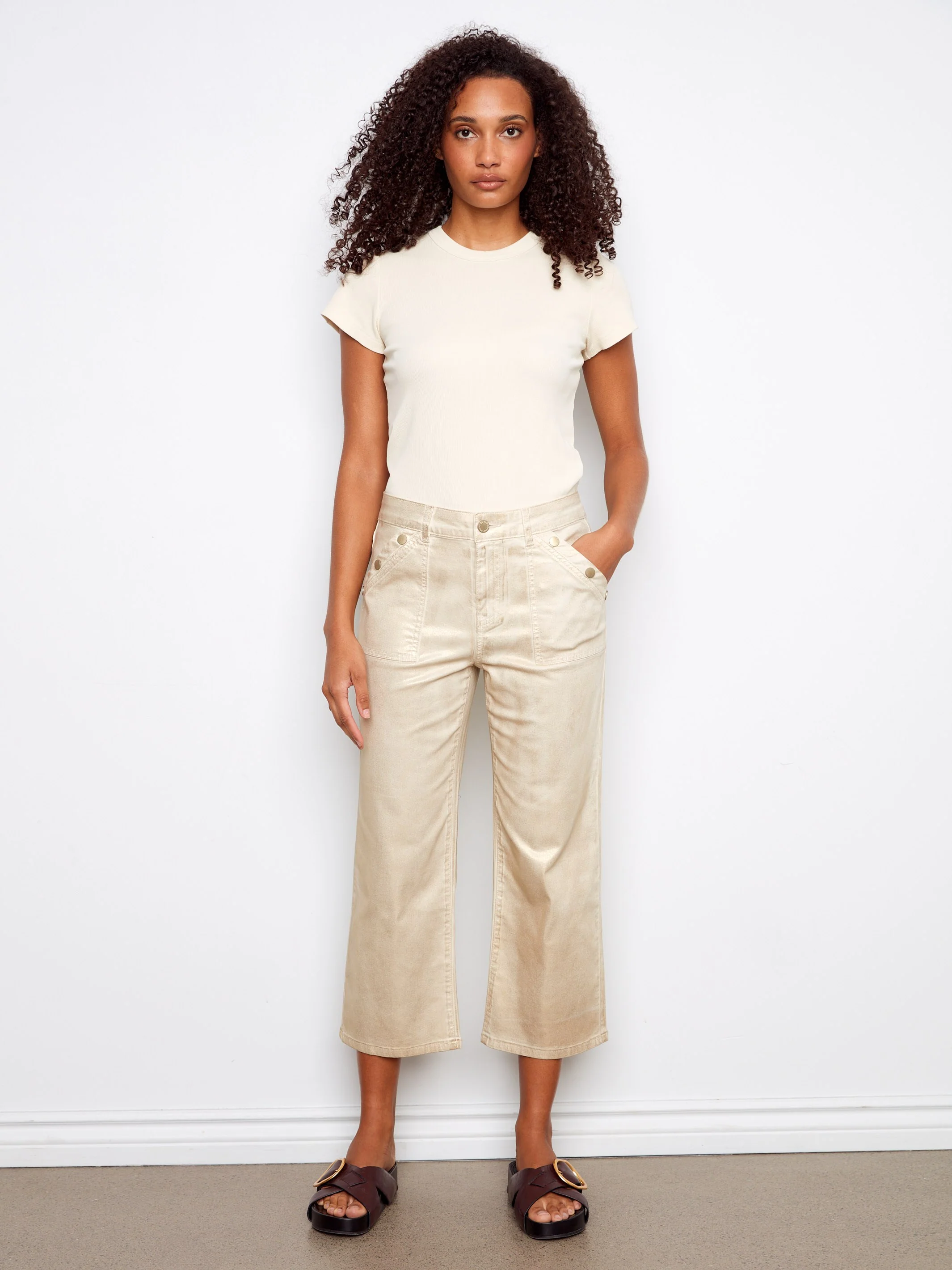 Foiled Cropped Twill Pants With Snap Button Detail - Natural