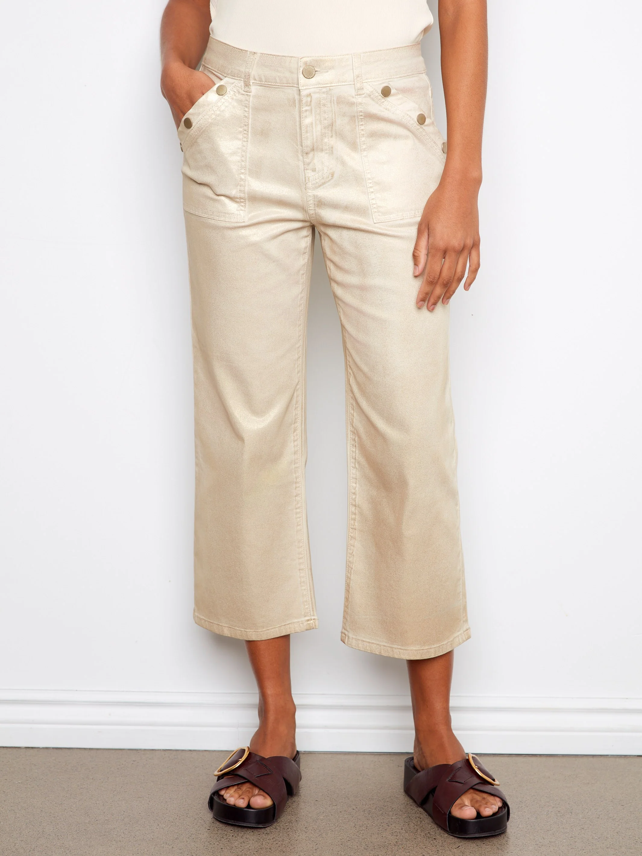 Foiled Cropped Twill Pants With Snap Button Detail - Natural - Image 2