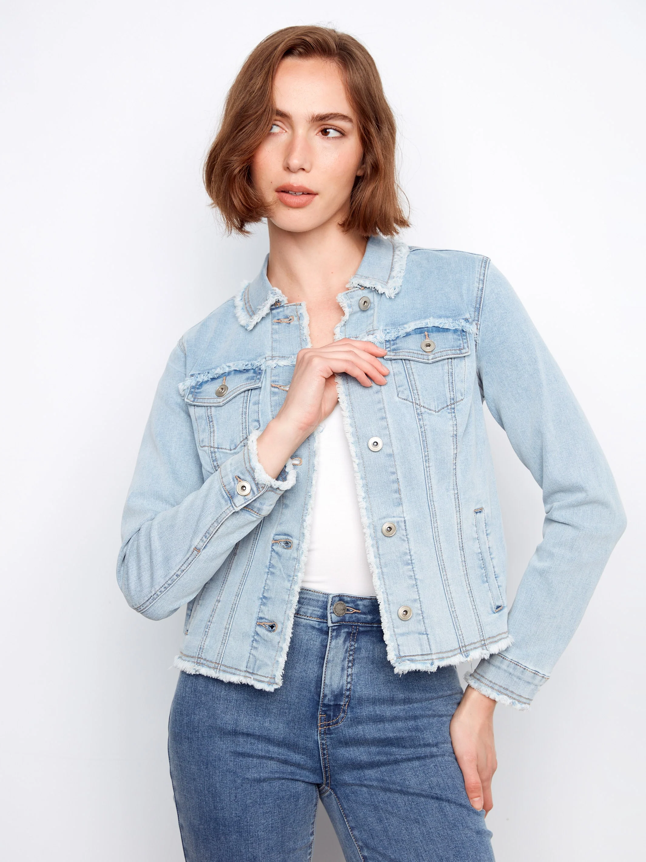 Frayed Edge Stretch Denim Jacket - Bleach Blue - Image 2