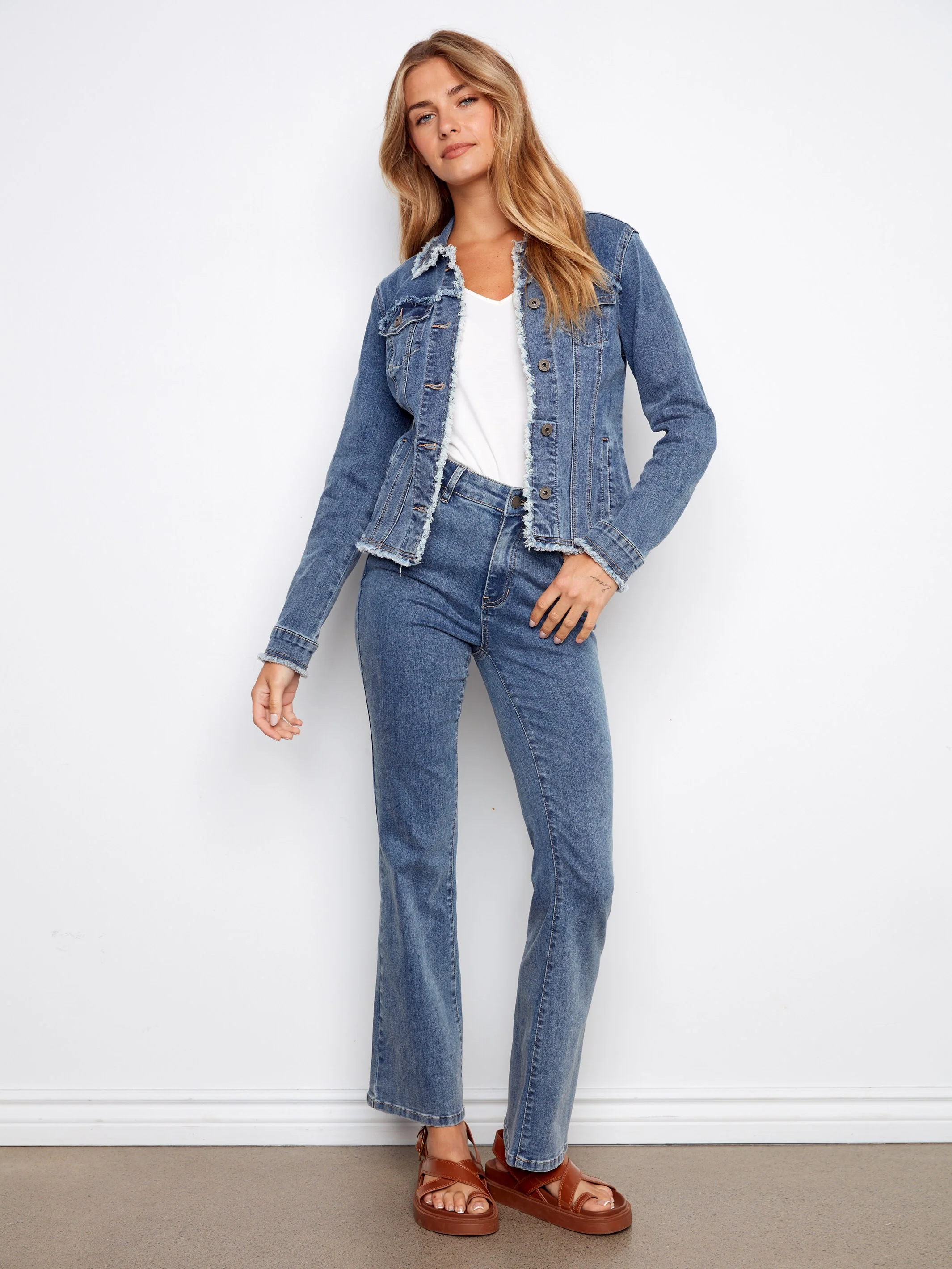 Frayed Edge Stretch Denim Jacket - Medium Blue - Image 2
