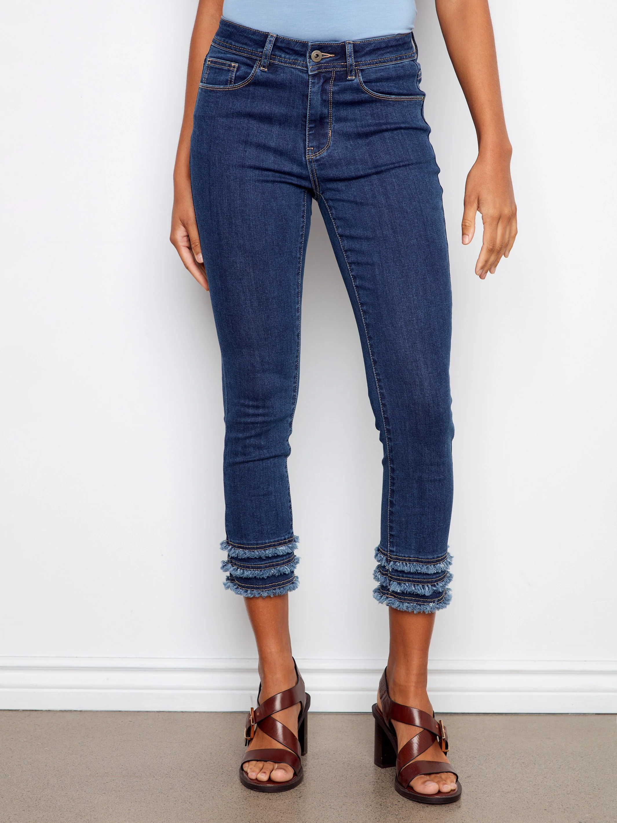Frayed Hem Cropped Denim Pants - Indigo - Image 2