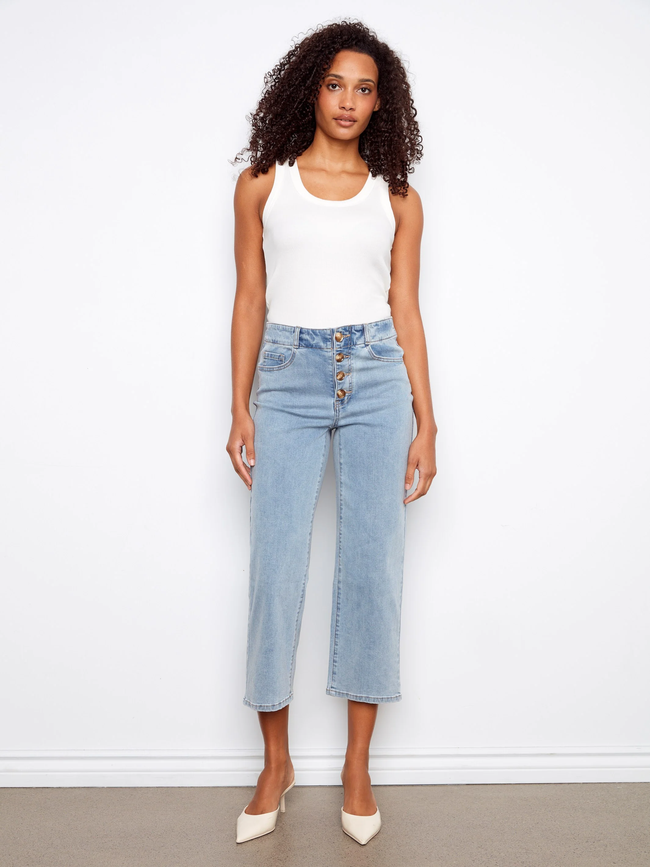 Front Button-Fly Crop Jeans - Light Blue - Image 6