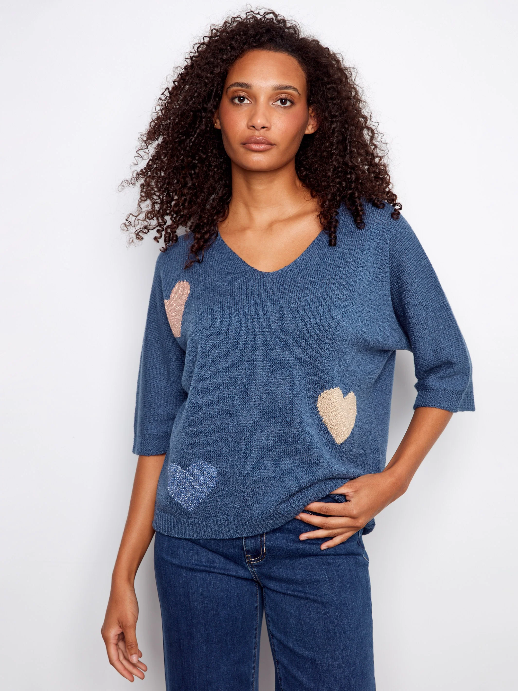 Heart Jacquard Dolman Sweater - Denim - Image 3