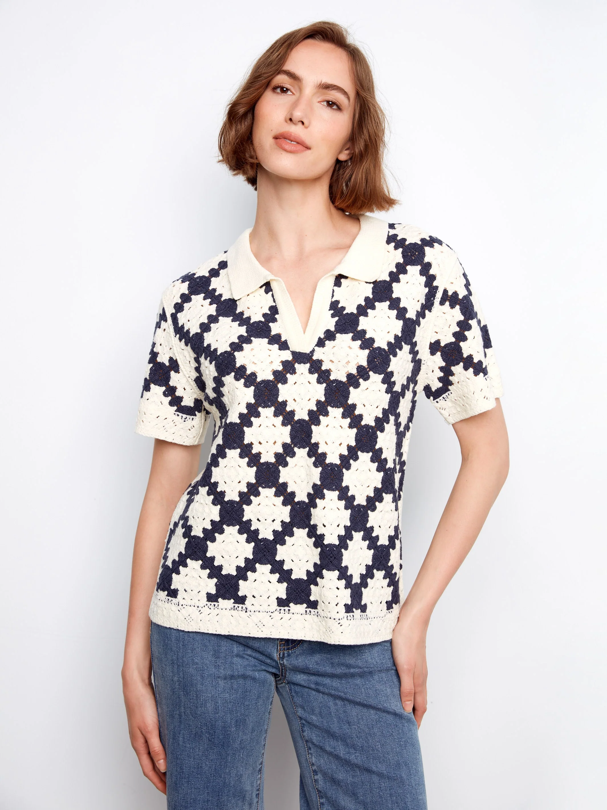 Johnny Collar Crochet Cotton Blend Top - Navy