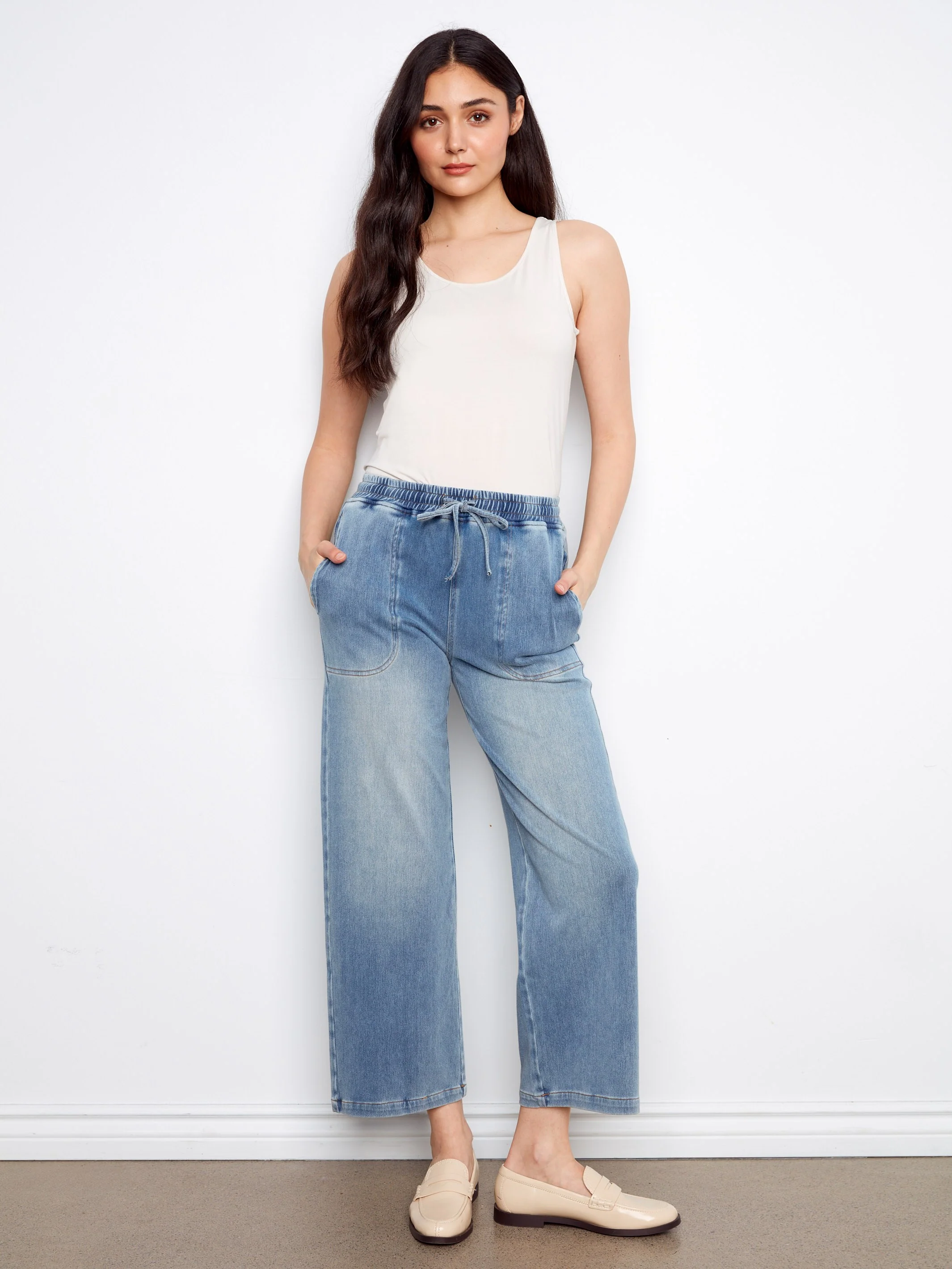 Knit Denim Wide Leg Jogger Pants - Medium Blue - Image 2