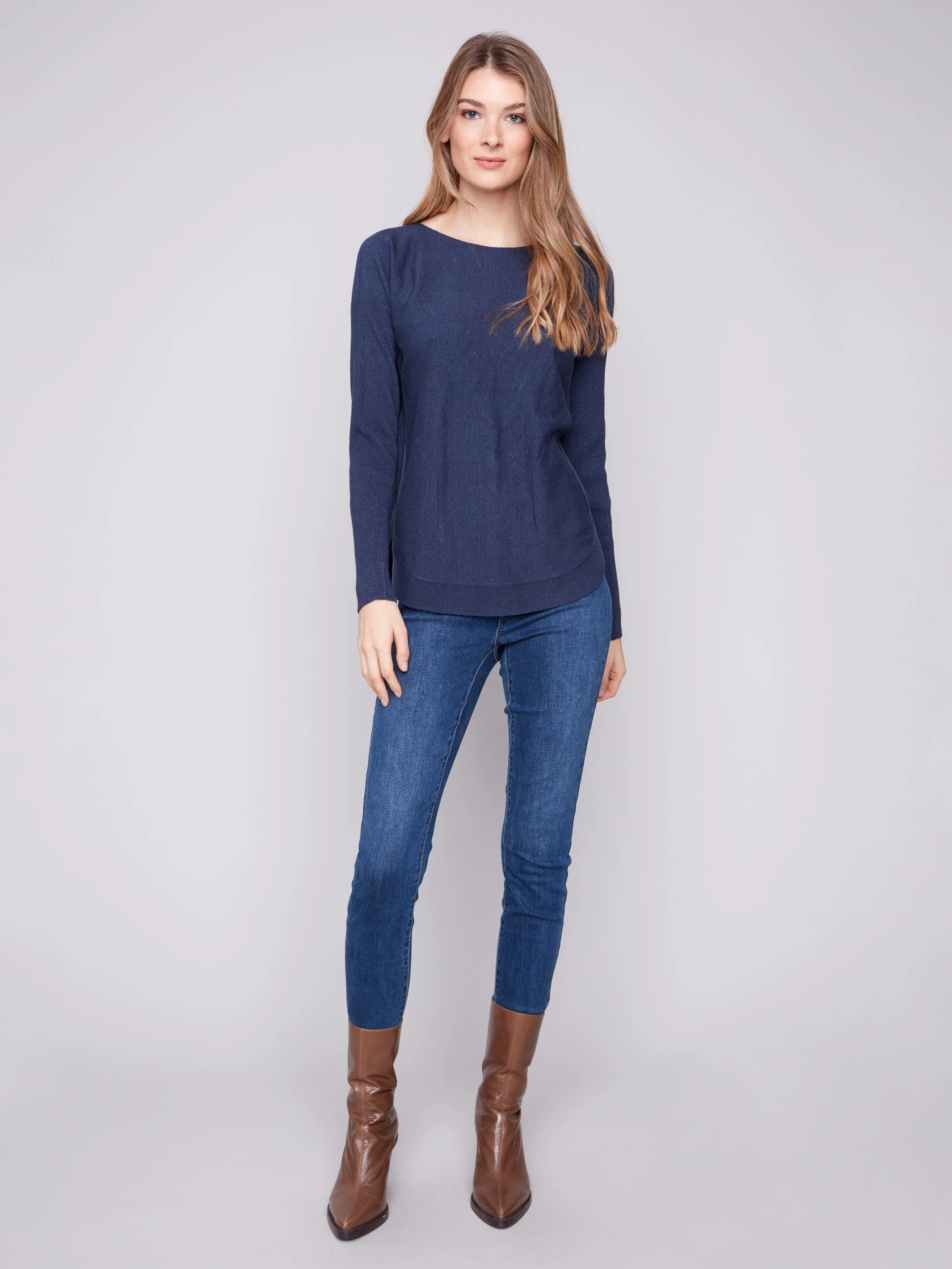 Knit Sweater With Back Lace-Up Detail - Heather Denim - Image 4